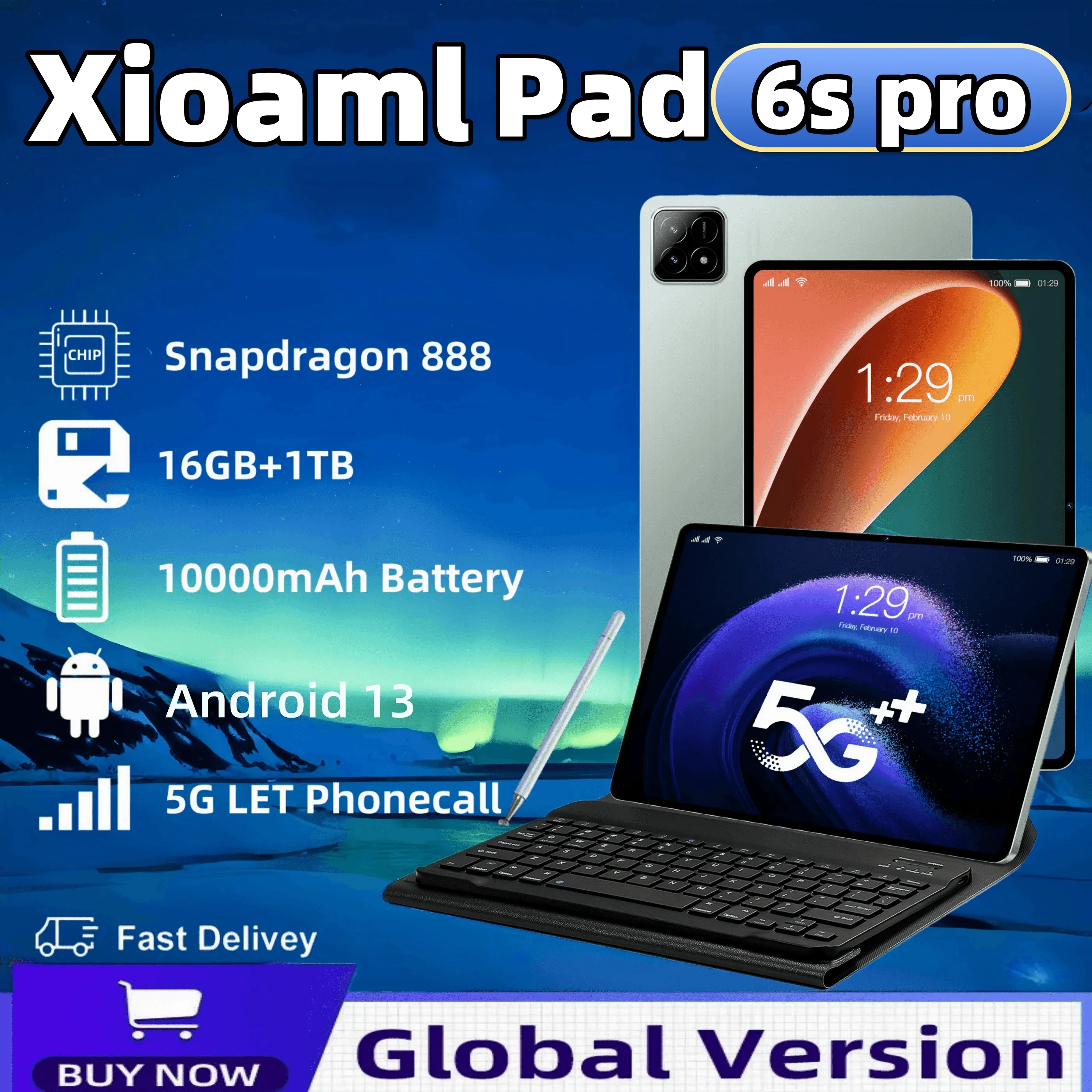 

2024 Original Pad 6S Pro Tablet PC Global Version HD 4K Android 13.0 Snapdragon 888 11inch 16GB+512GB 10000mAh 5G Dual SIM WIFI