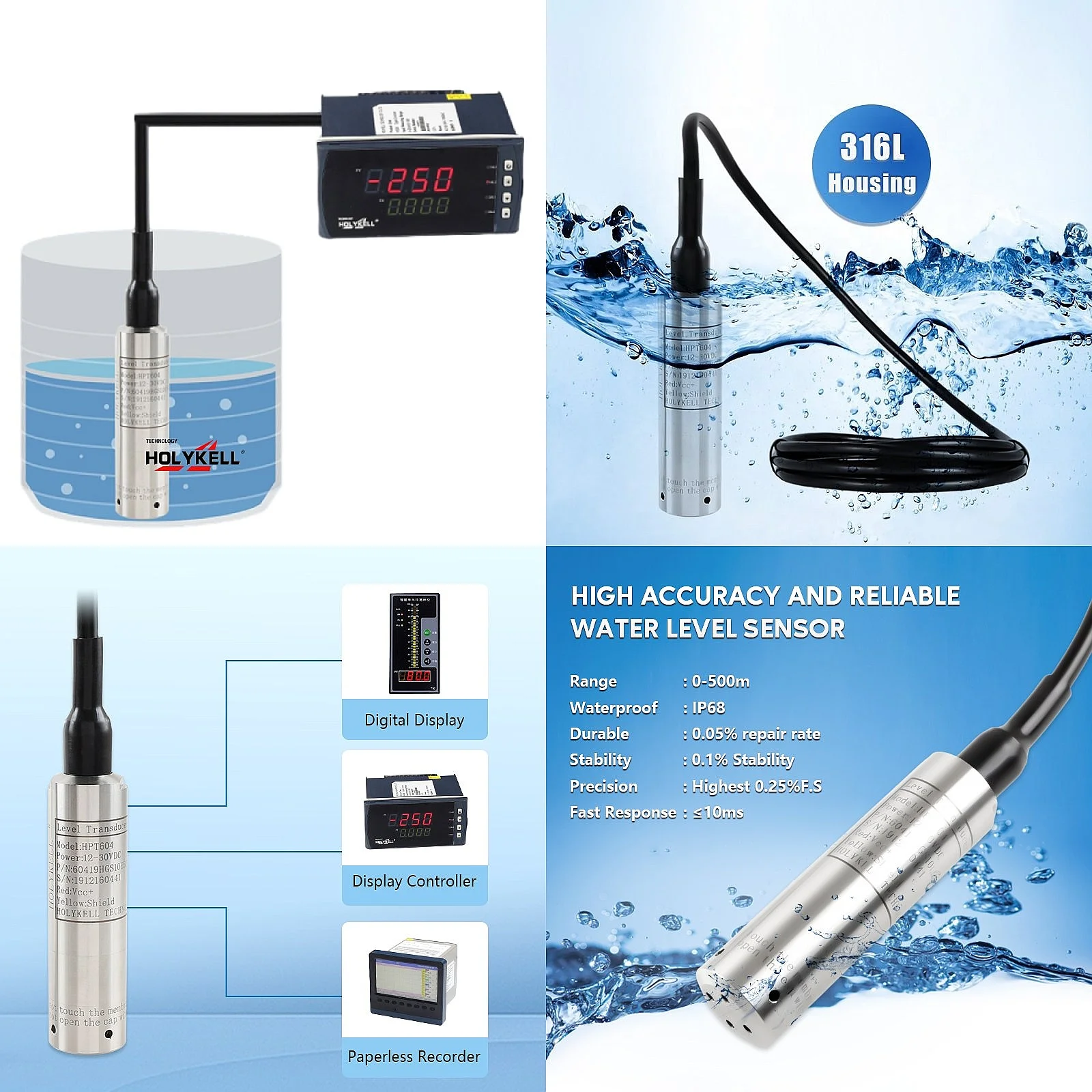 4-20mA Water Tank Level Measurement Sensor Submersible Depth Transmitter for Deep Well