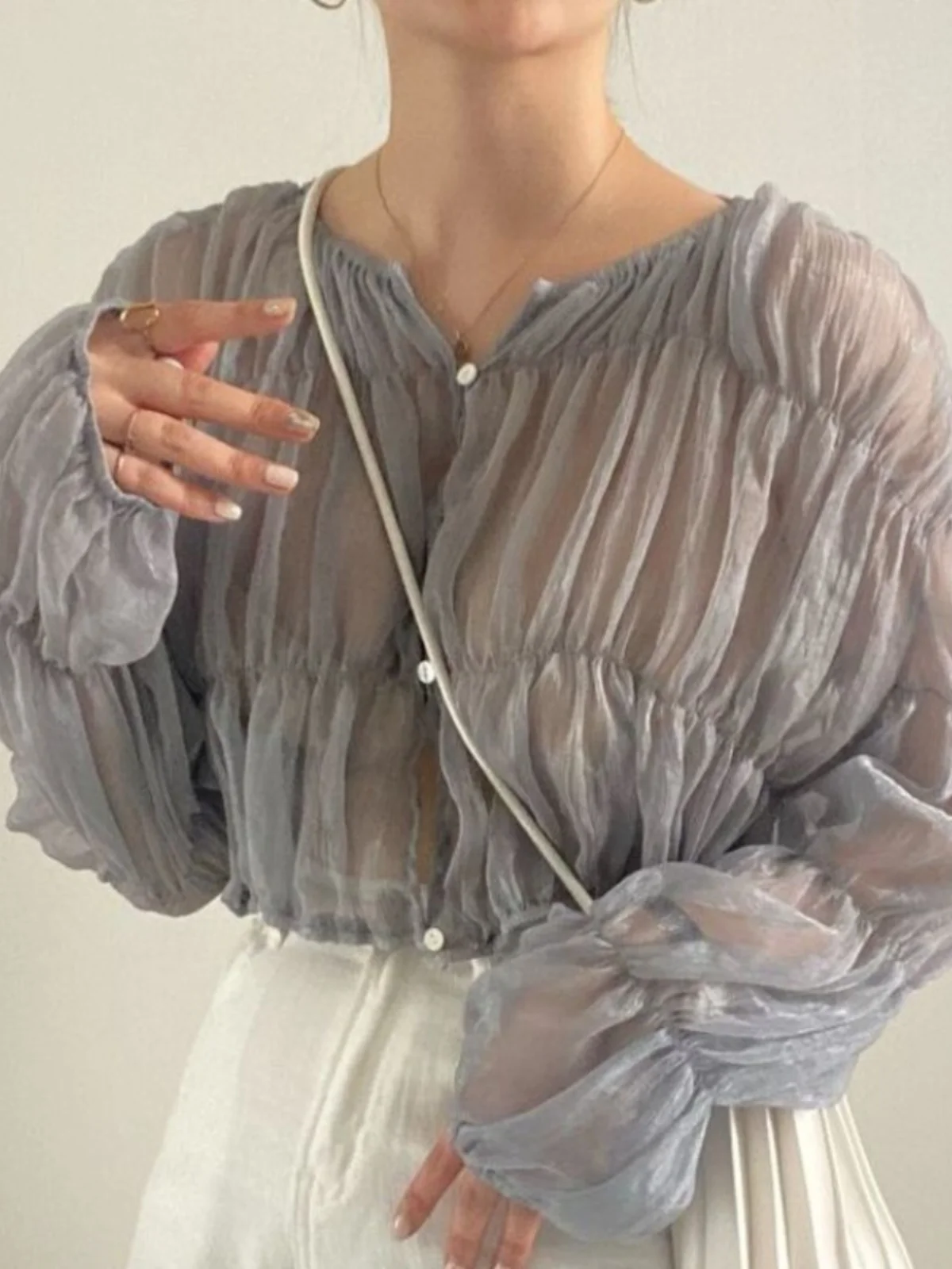 

Свободный плиссированный топ-фонарь Све V-Ne Street Sle Футболка с принтом Летняя модная женская одежда Long Sve Slim Fit