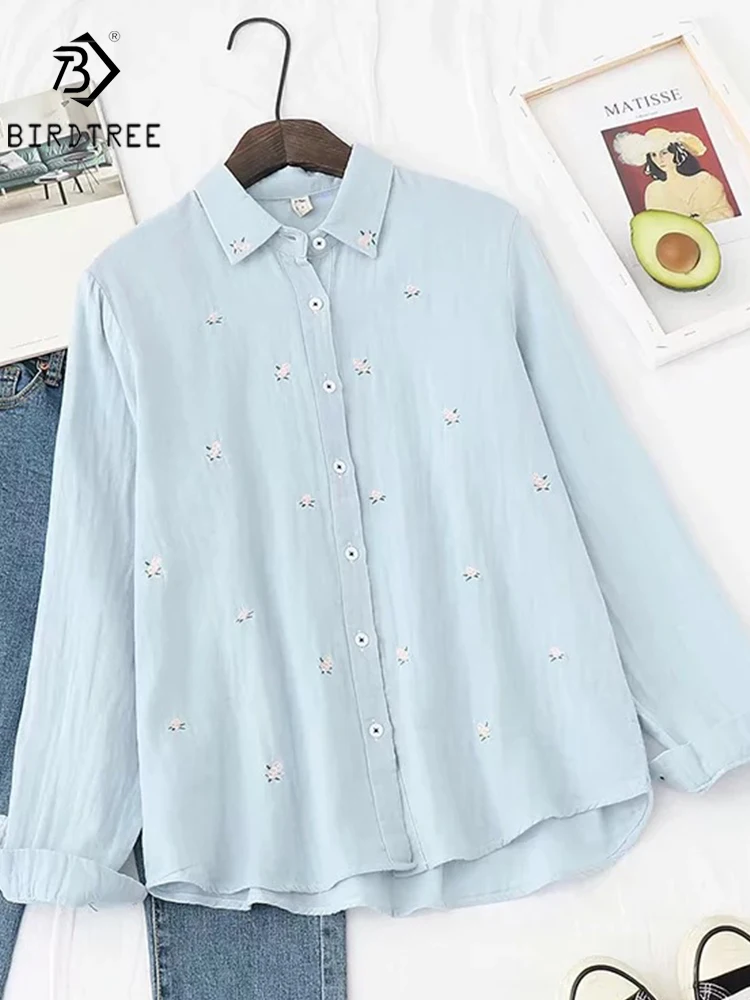 New Spring Women Double-layer Cotton Shirts Full Sleeve Embroidery Floral Turn Down Collar Loose Casual Soft Blouse Offi T33011X