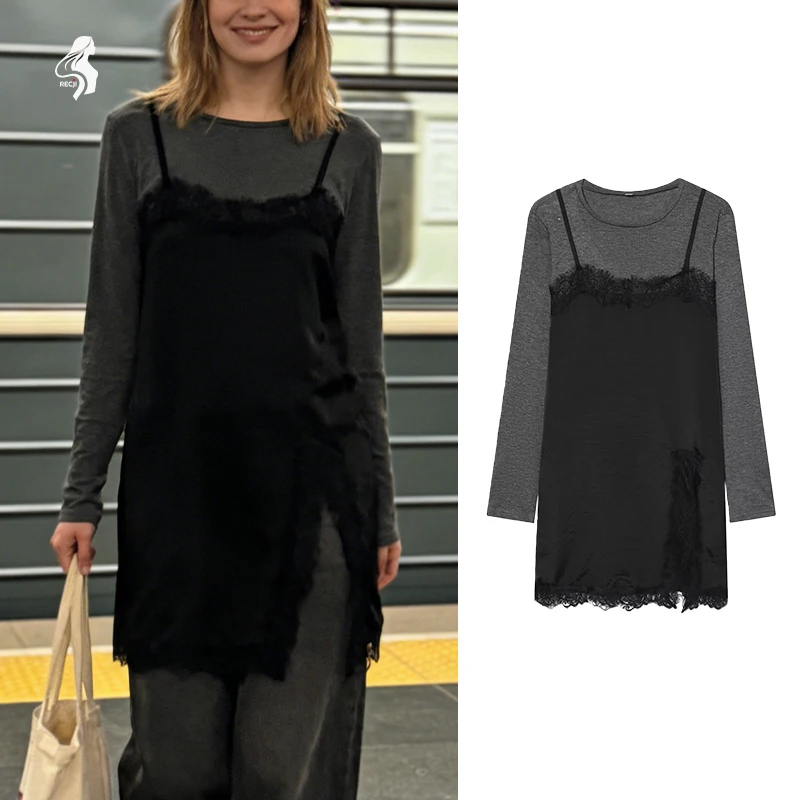 Vestido feminino patchwork de duas peças, manga comprida, camisola de renda com aparência em camadas, casual, sexy, vestido de trabalho, vestidos femininos trafizaran