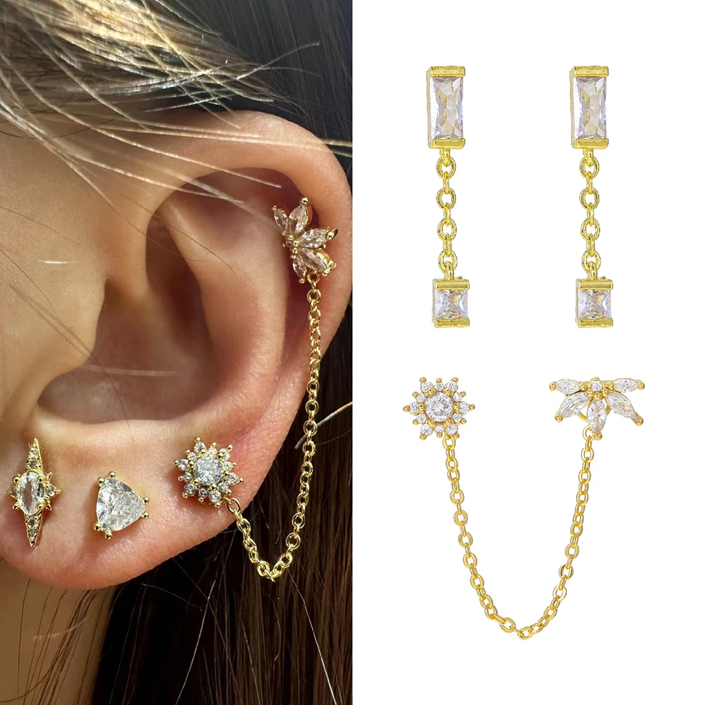 1PC Stainless Steel Double Studs Tassel Chain Earring For Women Small Gold Color Zircon Flower Tragus Cartilage Piercing Jewelry