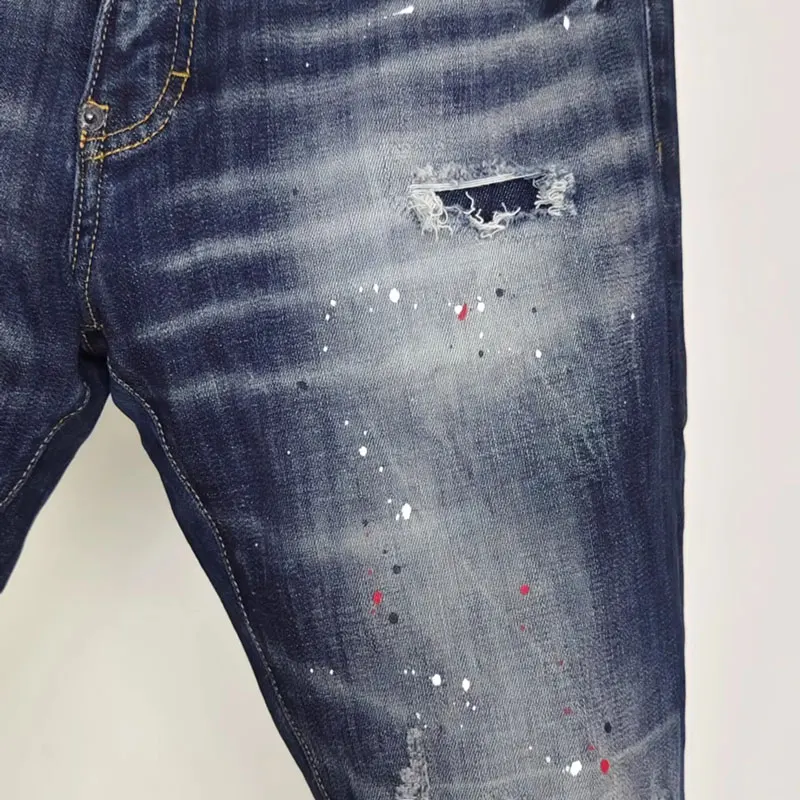 Fashionable new men's jeans with pleated, washed, nostalgic, elastic, slim fit, blue jeans, designer hip-hop brand pants Y2K