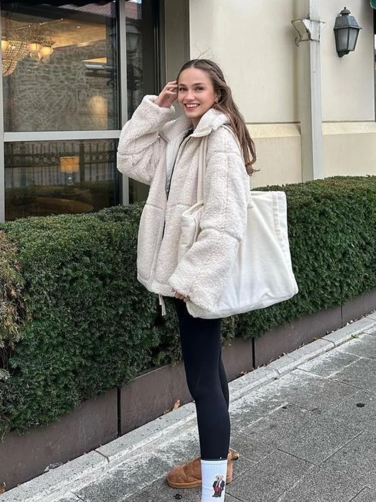 Women Casual Solid Teddy Jacket Casual Lapel Full Sleeve Pockets Zipper Fluffy Coat 2024 Autumn Winter Lady Versatile Outerwear