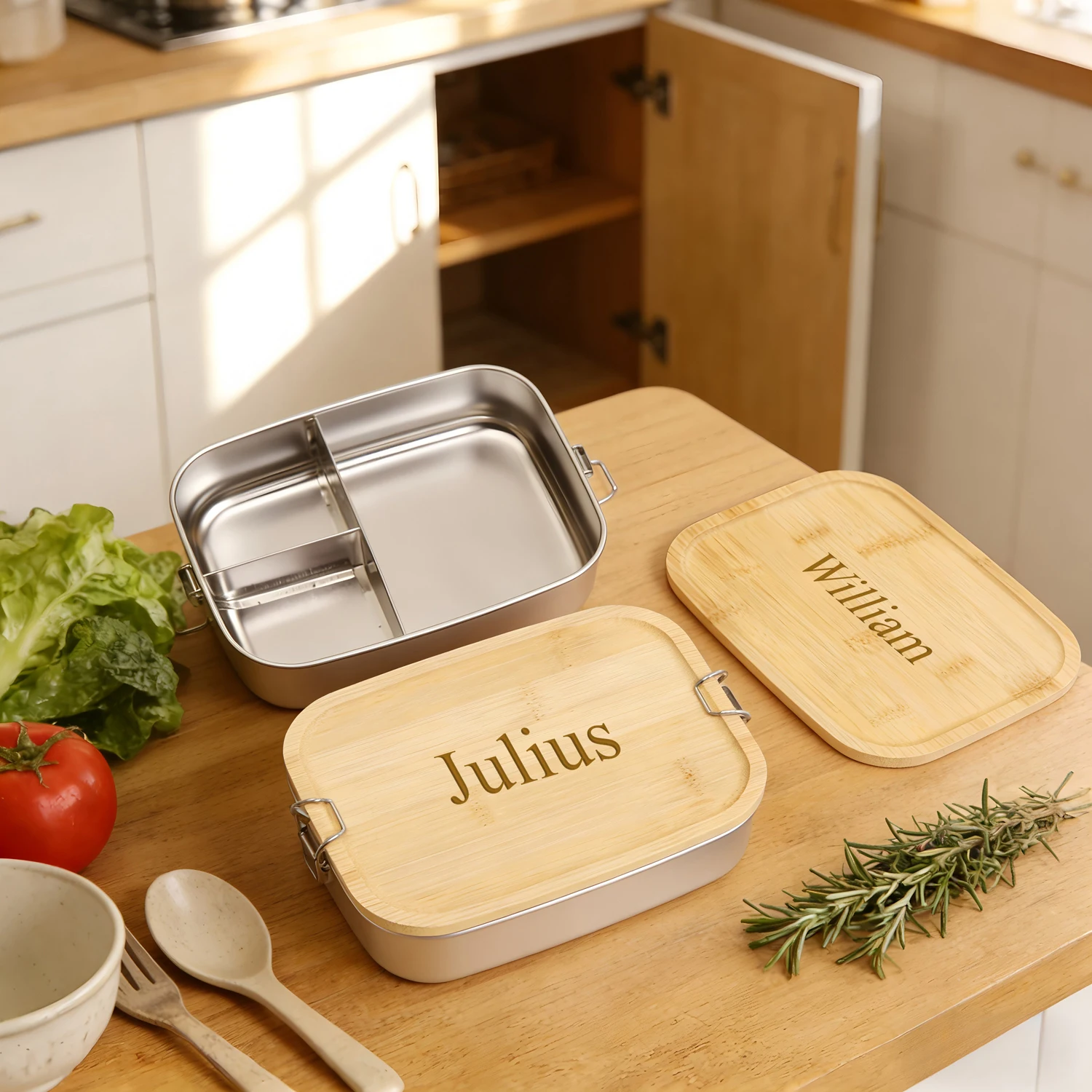 1pc Personalized Engraved Name 3 Compartments Stainless Steel Lunch Box Natural Bamboo Food Storage Container Back To Schoo