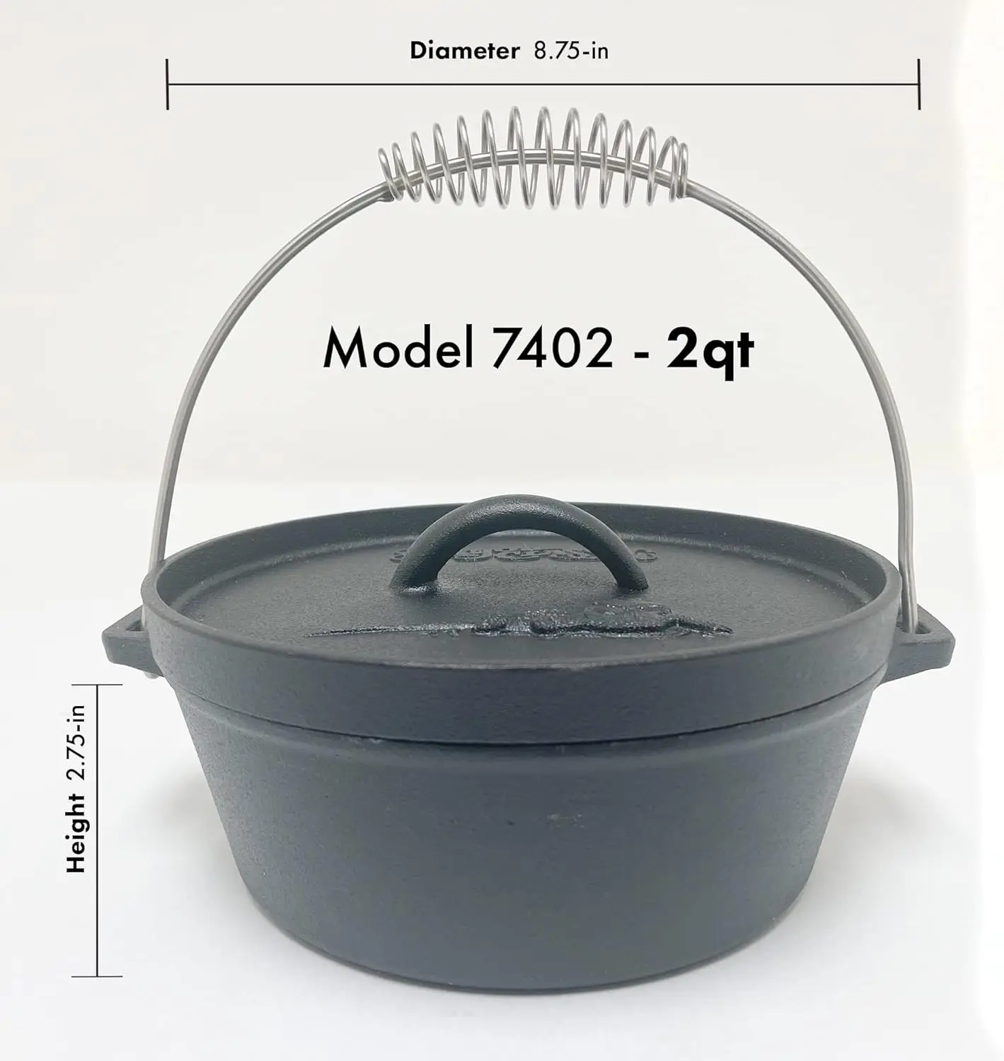 Horno holandés de hierro fundido 7402 de 2 cuartos con tapa de campamento con bridas, mango de alambre de bobina inoxidable, perfecto para usar sobre un fogata para Prepa