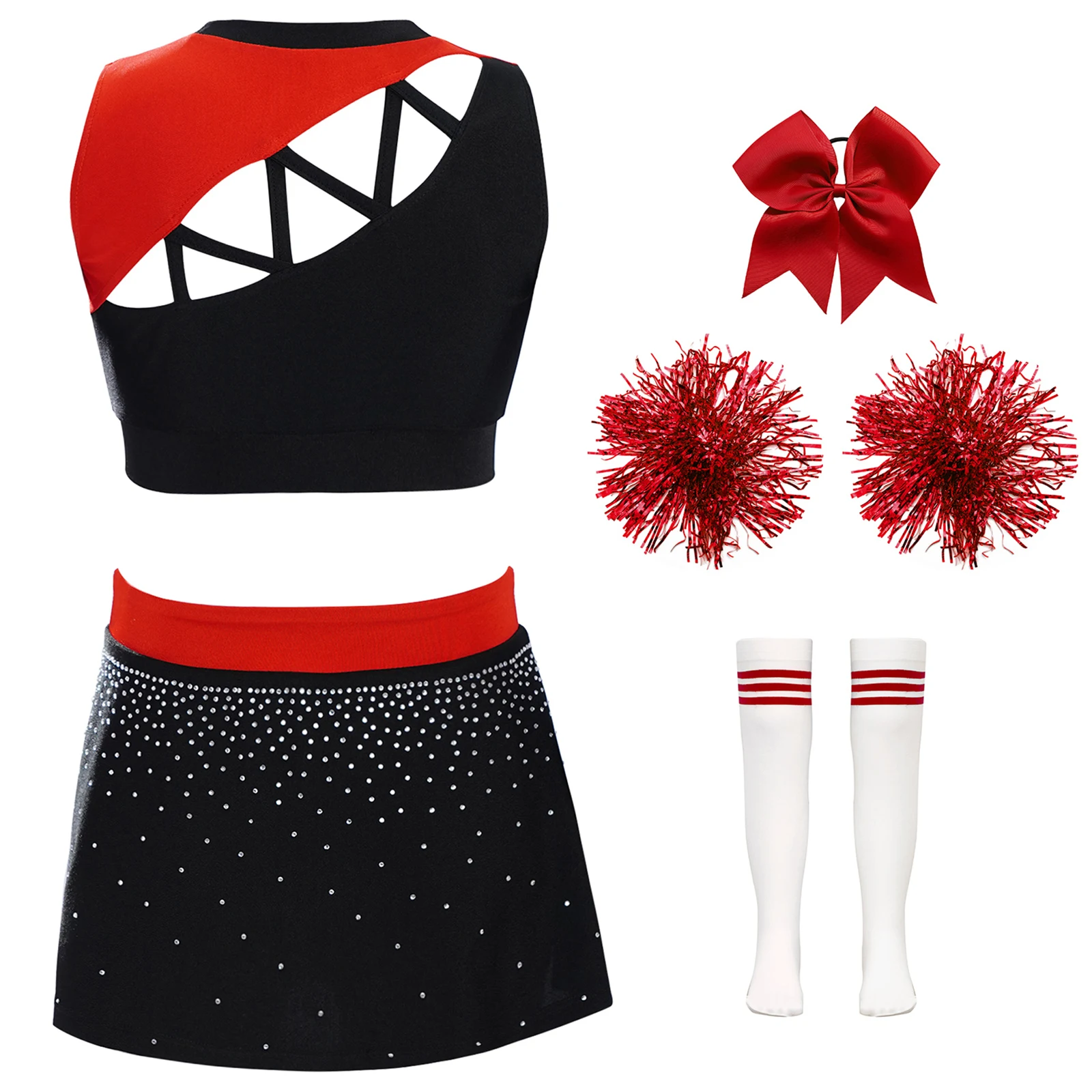 Girls Cheerleading Dance Outfits Sleeveless Cutout Sparkling Rhinestones Crop Top+Side Slit Skirt+Headwear+Flower Balls+Socks