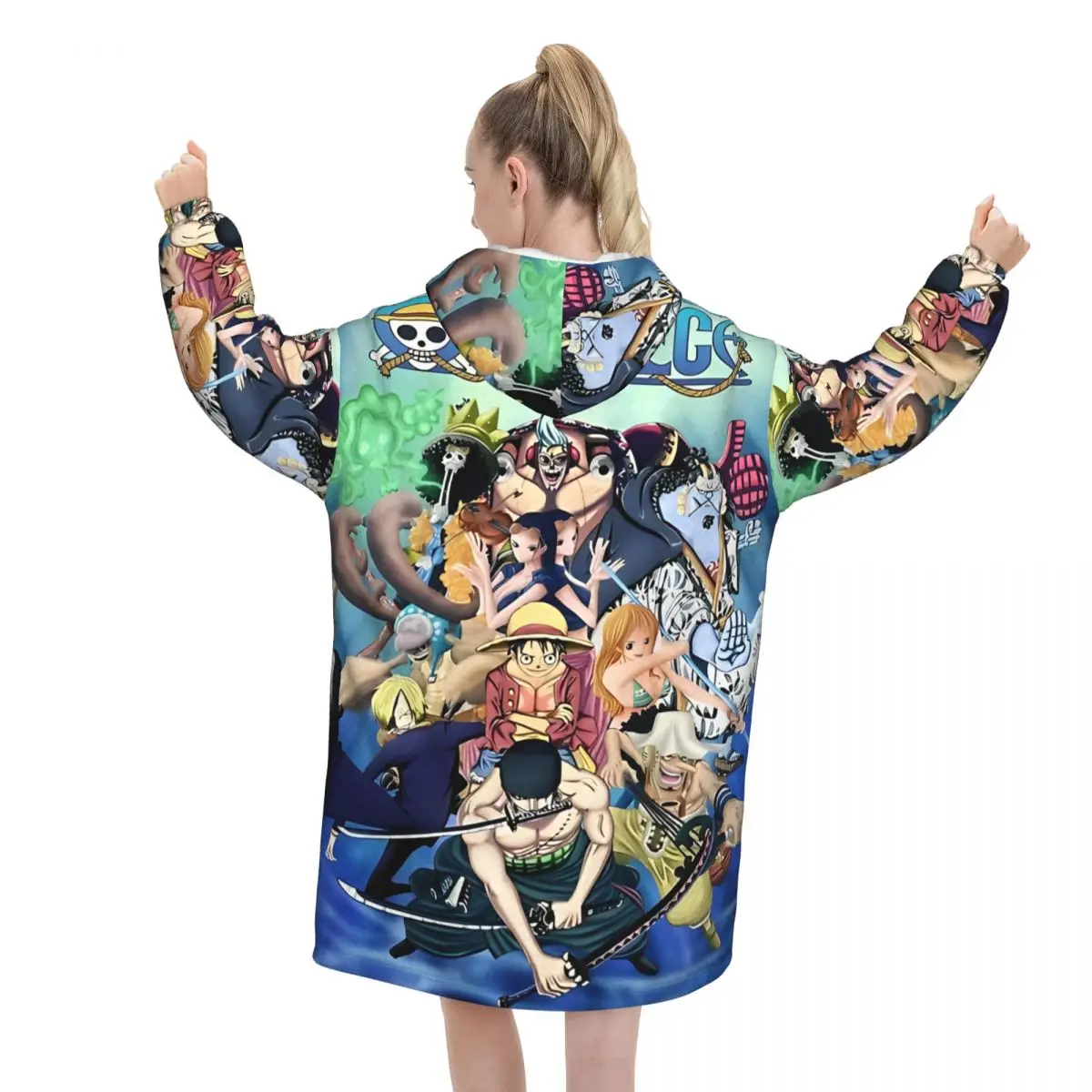 Koc z kapturem One Piece Anime Manga Luffy dla kobiet i mężczyzn, obszerny sweter-koc z kieszenią