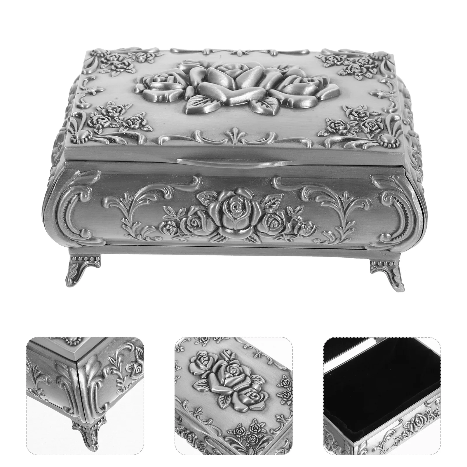 

Exquisite Jewelry Box Embossed Rose Pattern Desktop Organizer Storage Zinc Alloy Tidy Space Compact Small Household