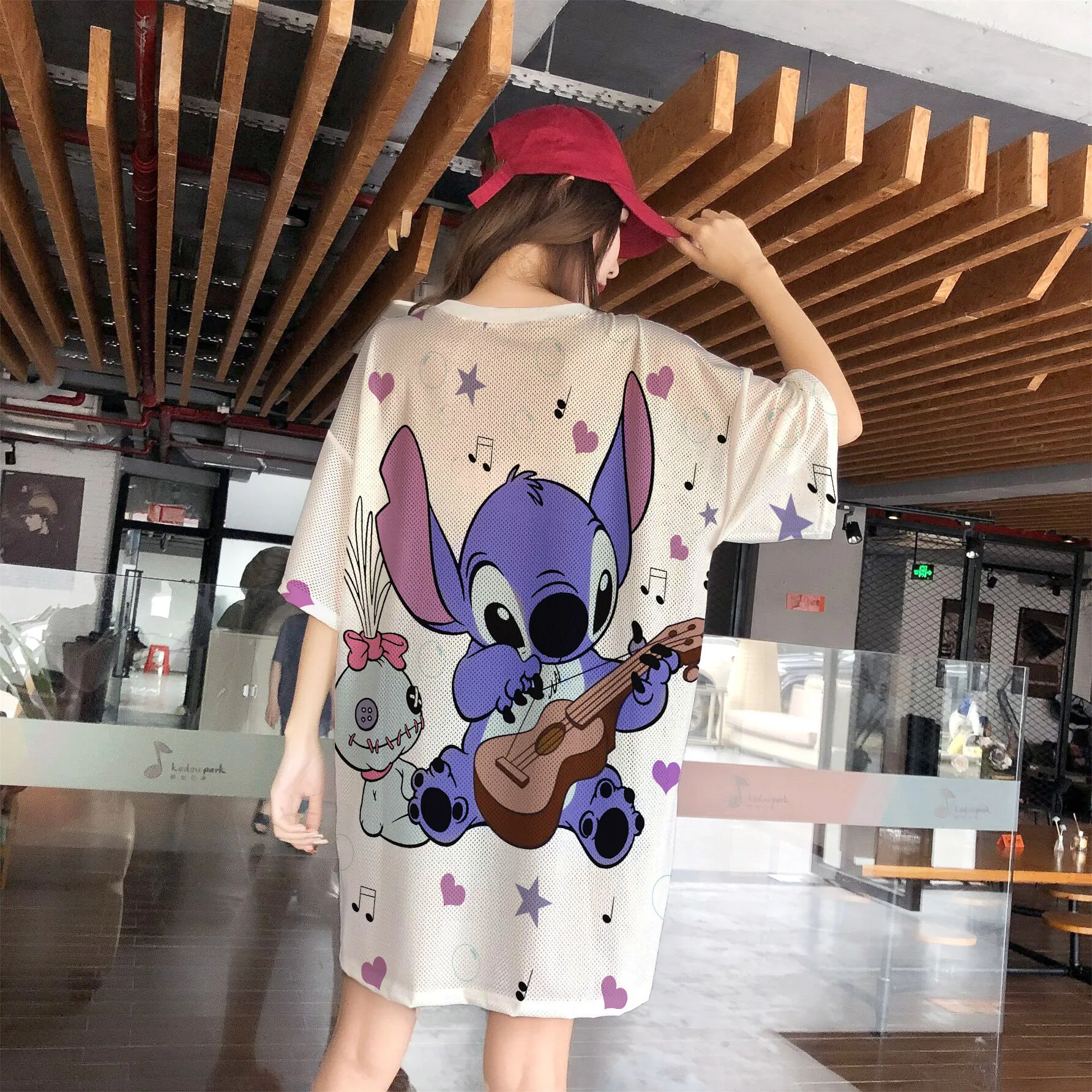 Stitch Nightdress Loose Casual Home Wear Pajamas Mid-length Skirt Women's Short-sleeved Skirt Mesh Quick-drying Pajamas