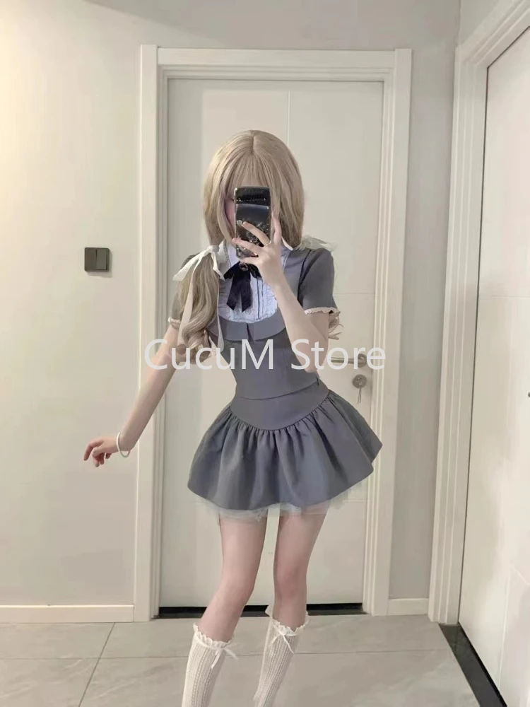 Korean Fashion Y2k Crop Tops High Waist Kawaii Slim Mini Skirt Hot Girls 2000s Preppy Style Grey 2 Piece Set Summer Women