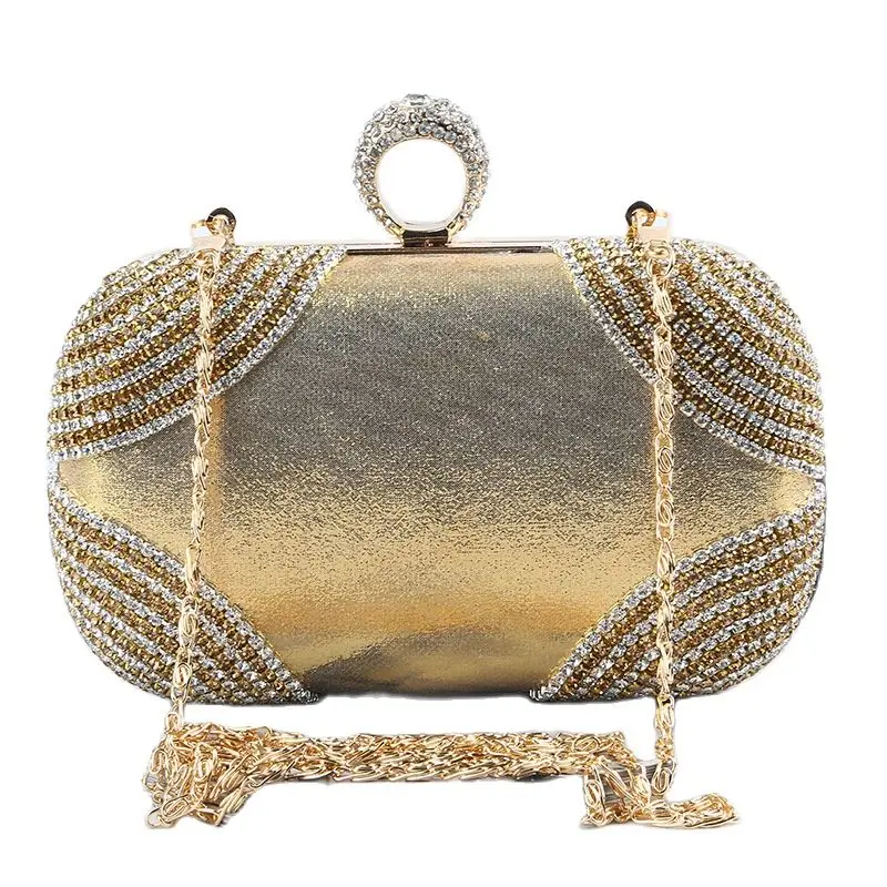 

Golden Handbag Shinny Rhinestones Dinner Banquet Bag Handmade Party Bag Women's Ring Handheld Bag Satin Evening Crossbody Bag