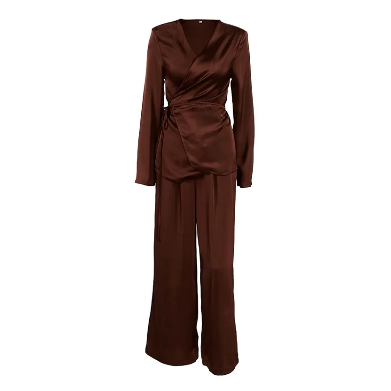 Women 2026 Spring Autumn Solid Color Satin V Neck Waist Cinching Tie Long Sleeve Top Pants Two Piece Set Elegant Trendy Chic Hit
