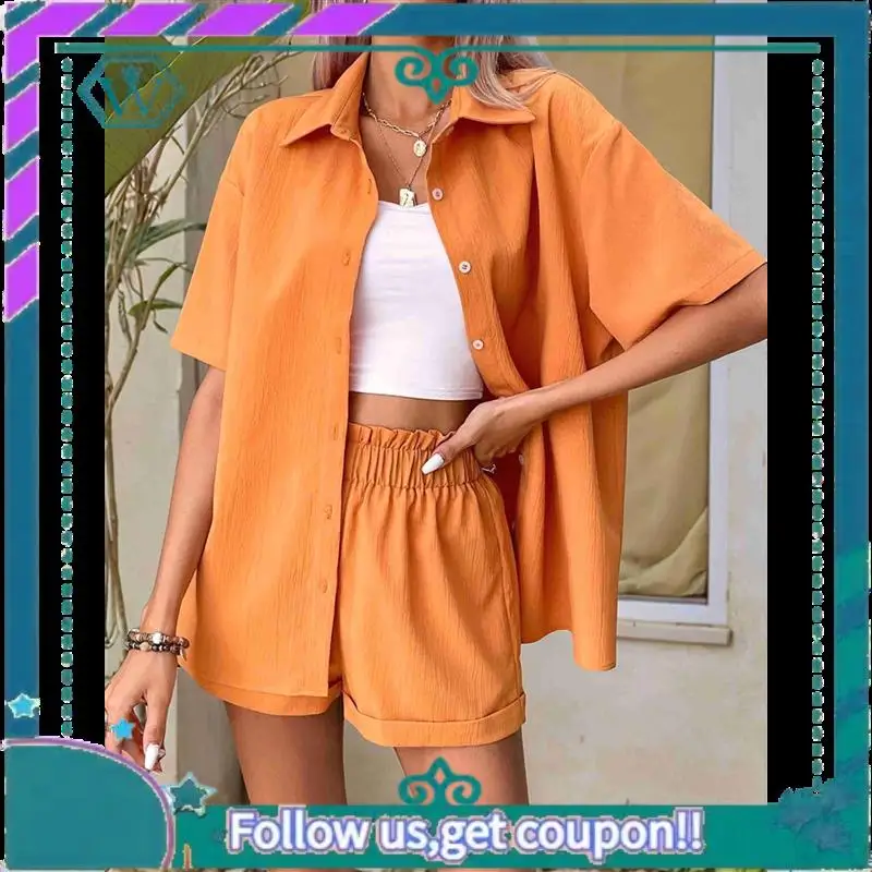 A09P APAFES Set corto estivo da donna in cotone e lino Pantaloncini da 2 pezzi Top Lounge Vacanza al mare Abiti da due pezzi Tute