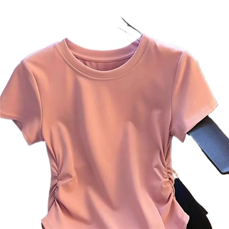 

Irregular T-shirt Top Summer Short Sleeved O-neck Versatile Pullover Tee Fashion Pleated Solid Color Top Streetwear