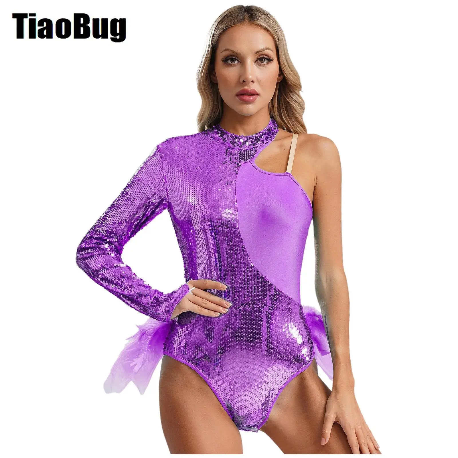 

Women Feather Dance Leotard Sparkly Sequin Asymmetrical Shoulder Tulle Skirt Mock Neck Bodysuit Performance Costume