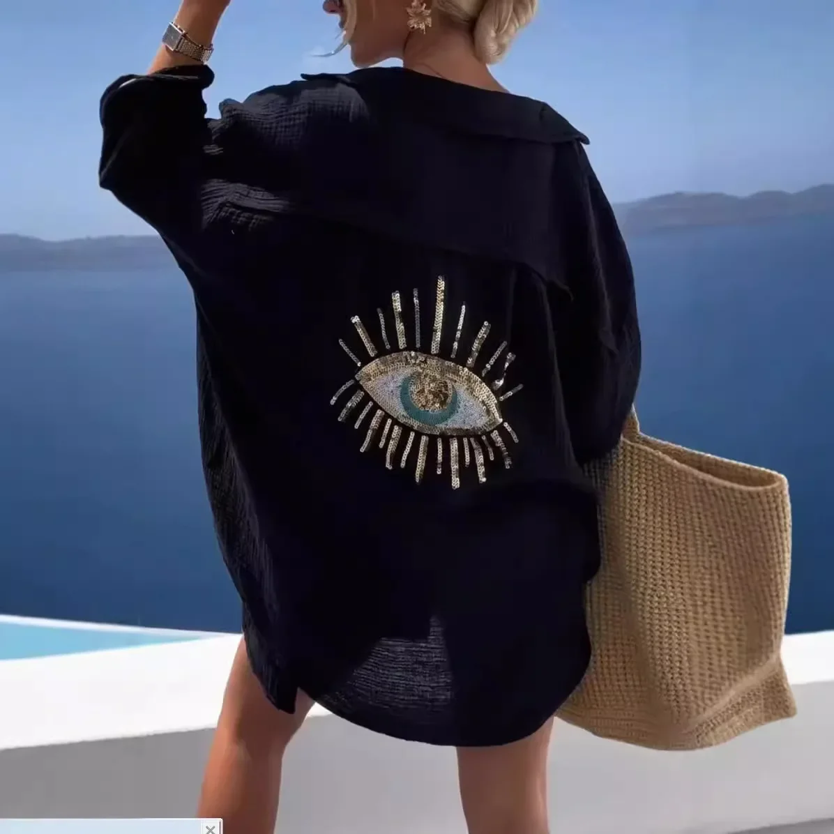 

2025 European and American women's clothing spring and summer new lapel long-sleeved cotton and linen casual fashion shirt