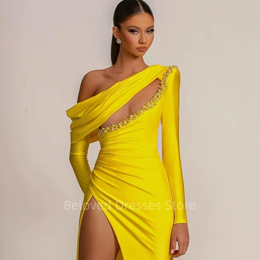 Yellow Satin Mermaid Floor-Length Prom Dresses High Split Pearls Customized Evening Dresses Vestidos Para Eventos Especiales