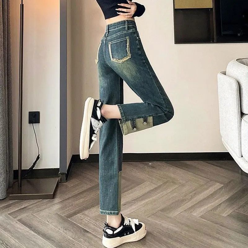 Vintage Patchwork Straight Cropped Pants Spring Autumn High Waist Women\'s Clothing Stylish Distressed Button Commute Basic Jeans