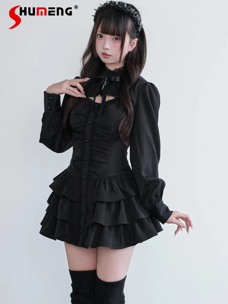 Original japonês minas estilo subcultura produzido em massa gola manga longa único breasted vestido shorts conjunto de duas peças feminino