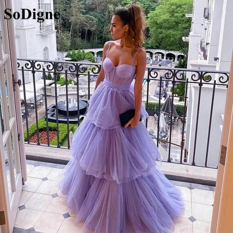 Sodigne Elegant Paars Lange Prom Dresses Sweetheart Tulle Ruches Avondjurken Tiered A-lijn Party Jurken