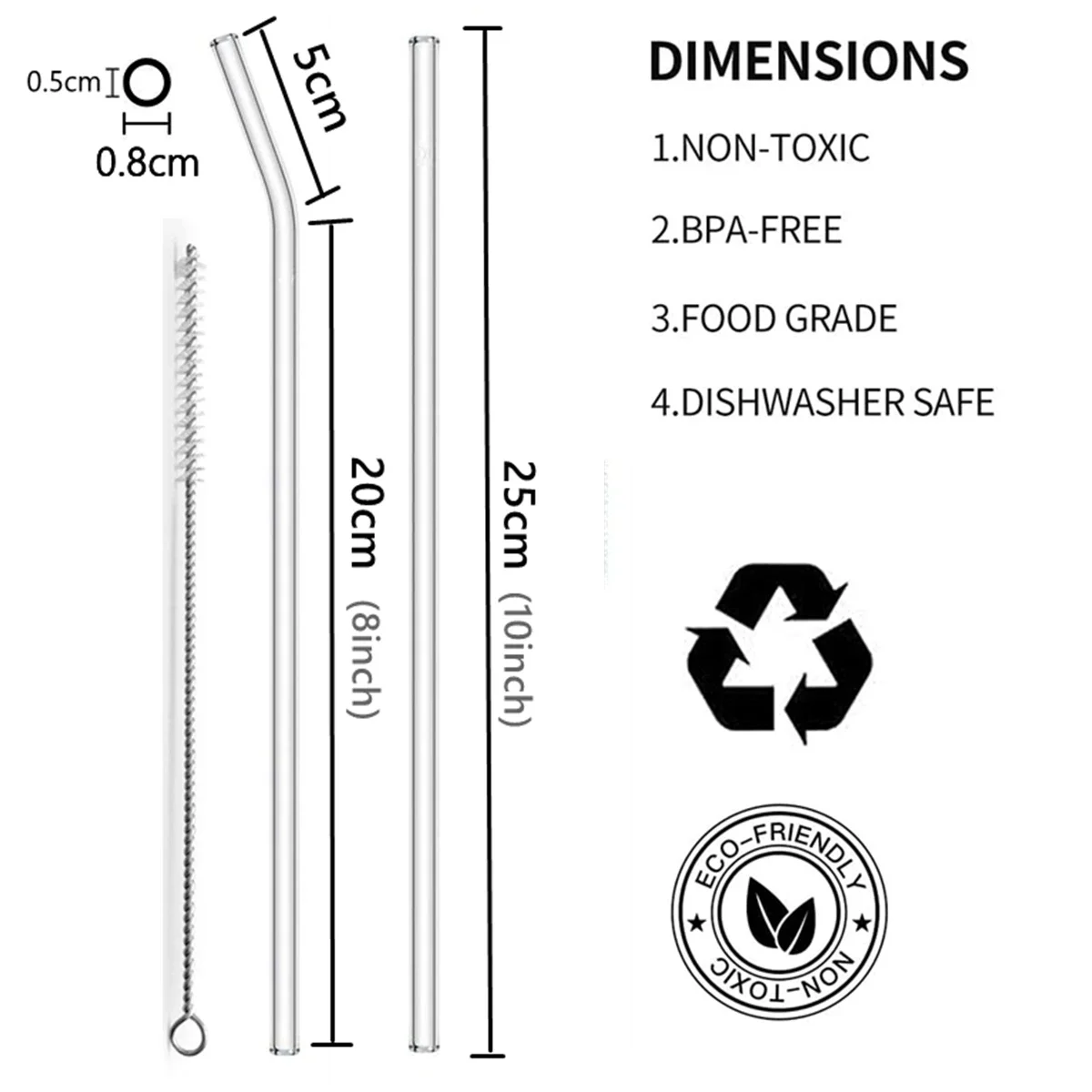 25cm Long Glass Drinking Straws Clear Reusable Glass Straws Set with Brushes Eco Friendly Glass Straws for Smoothie Milkshake