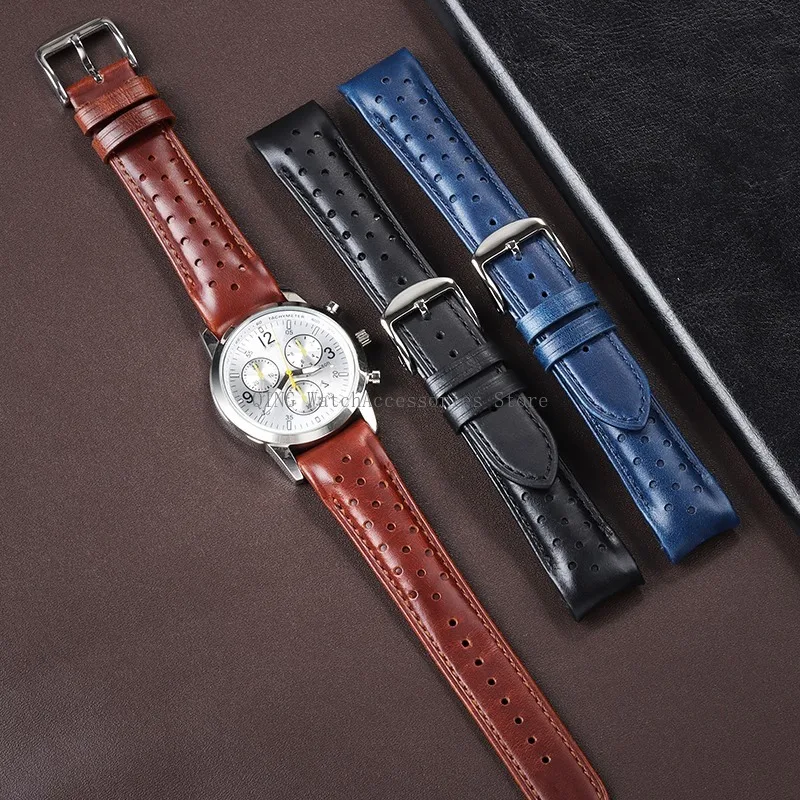 Genuine Leather Strap Retro Oil Wax Leather Watchband Curved End Universal Cowhide Bracelets Women Men Sport Wristband 20mm 22mm image 2
