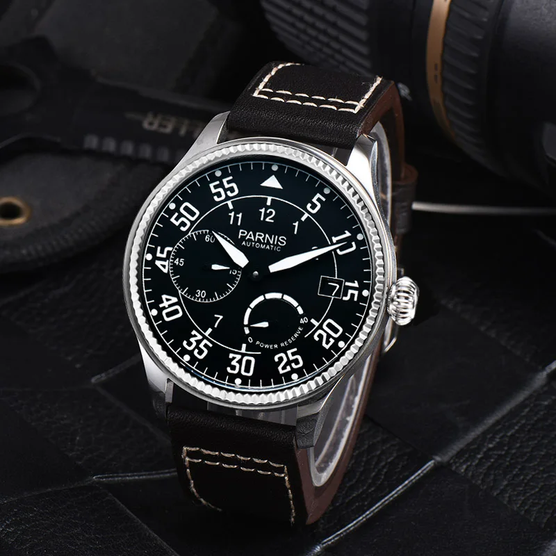 New Fashion Parnis 45mm Silver Case Automatic Men Watch Leather Strap Power Reserve Mechanical Men\'s Watches relojes Hombre 2024