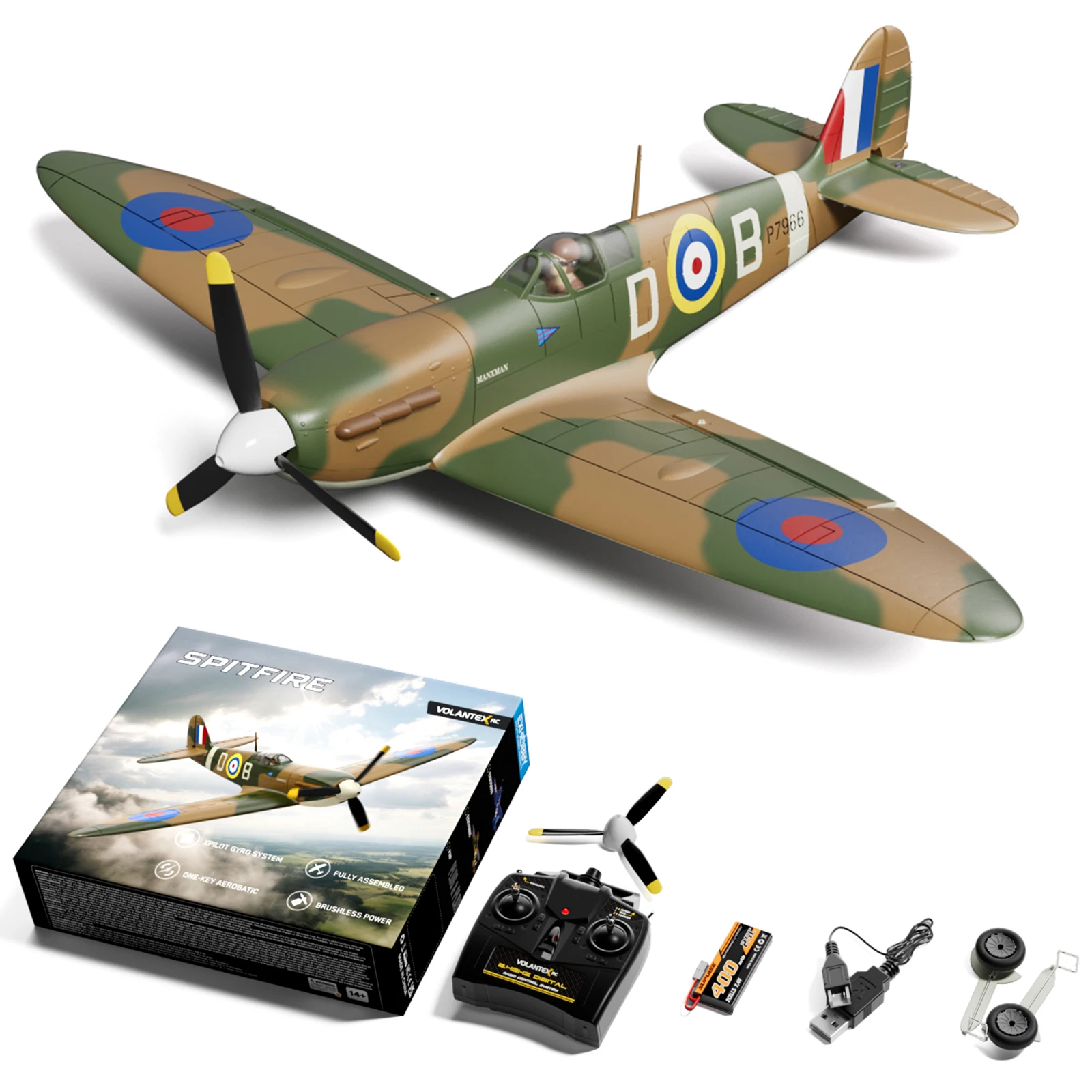 

VOLANTEXRC Spitfire RC Plane With Brushless Motor 2.4G 4CH 500MM Wingspan One Key Aerobatic RTF Fighter Xpilot Stabilization