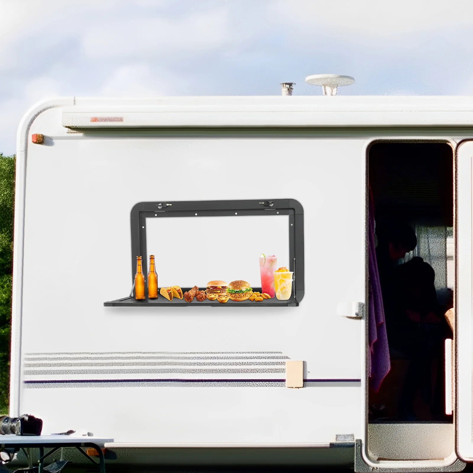 طاولة قابلة للطي للاستخدام الخارجي RV، طاولة نزهة مثبتة على الحائط قابلة للقفل، تصميم مستطيل أسود 800 × 450 مم، دعم الوزن الثقيل 25 كجم/55 رطل #1