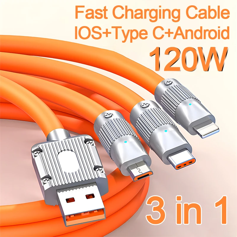 3 in 1 USB 120W Fast Charger Cable For iPhone 14 Pro Max USB Type-C Micro Quick Charging Huawei Samsung Xiaomi Redmi Wire Cord