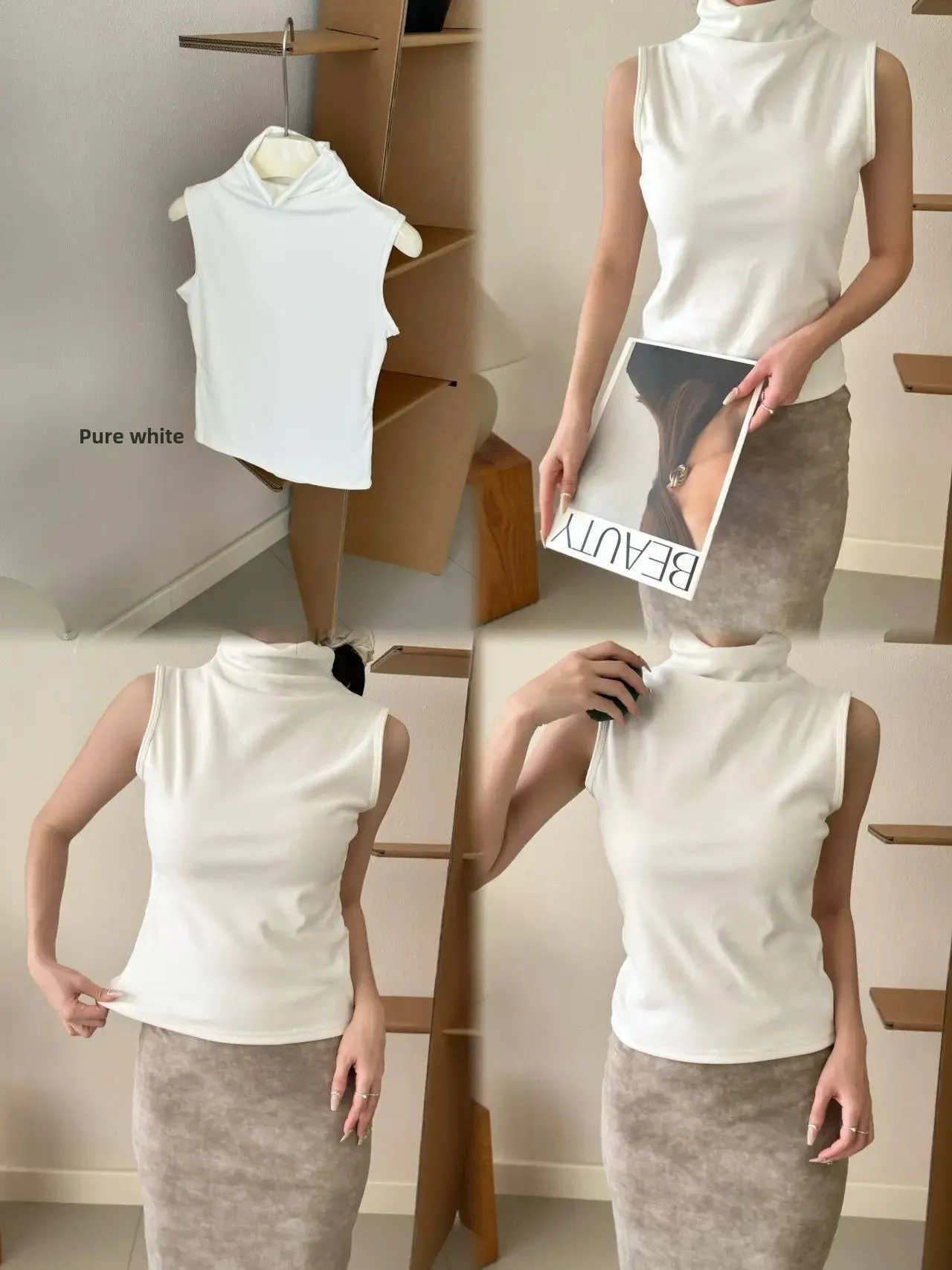 Soft High Collar Sleeveless Vest Pure Color Innerwear Outerwear Slimming Autumn Winter Fashionable Base Layer Shirt