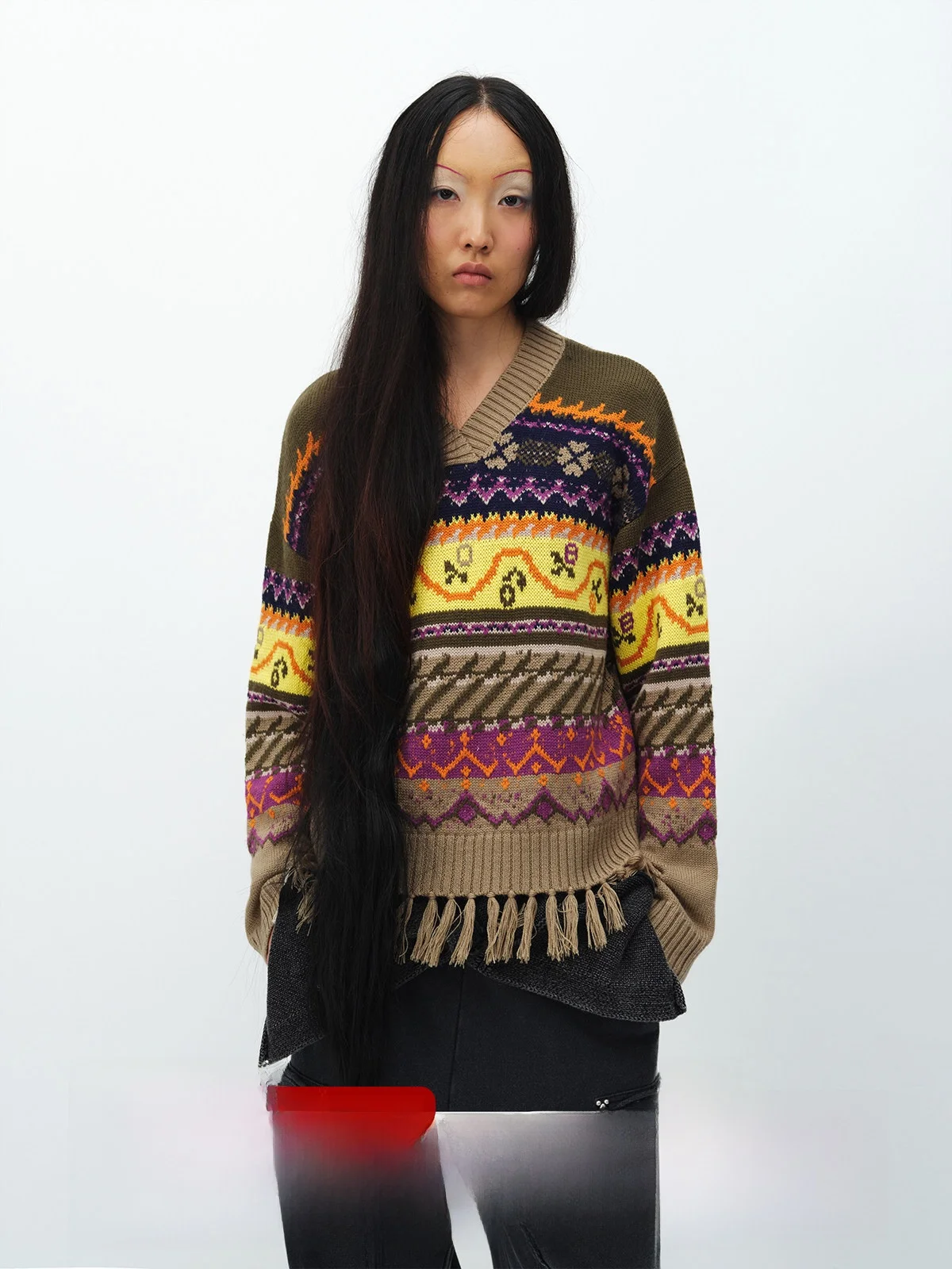 

Свободный длинный шерстяной свитер с V-образным вырезом для женщин, повседневный, с геометрическим узором (квадраты и круги), модный топ для многослойных образов