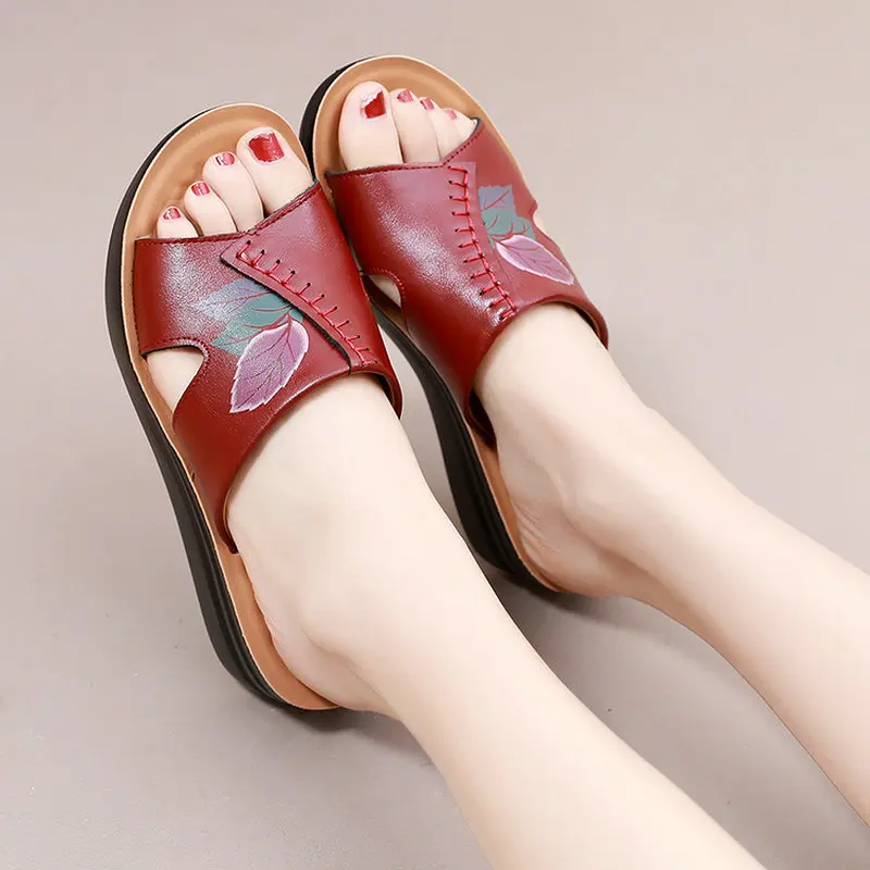 Women Sandals Summer Fashion Leathe Open Toe Round Toe Wedges Sandals Shoes Women Beach Casual Slipper Low Heels Walking Sandals