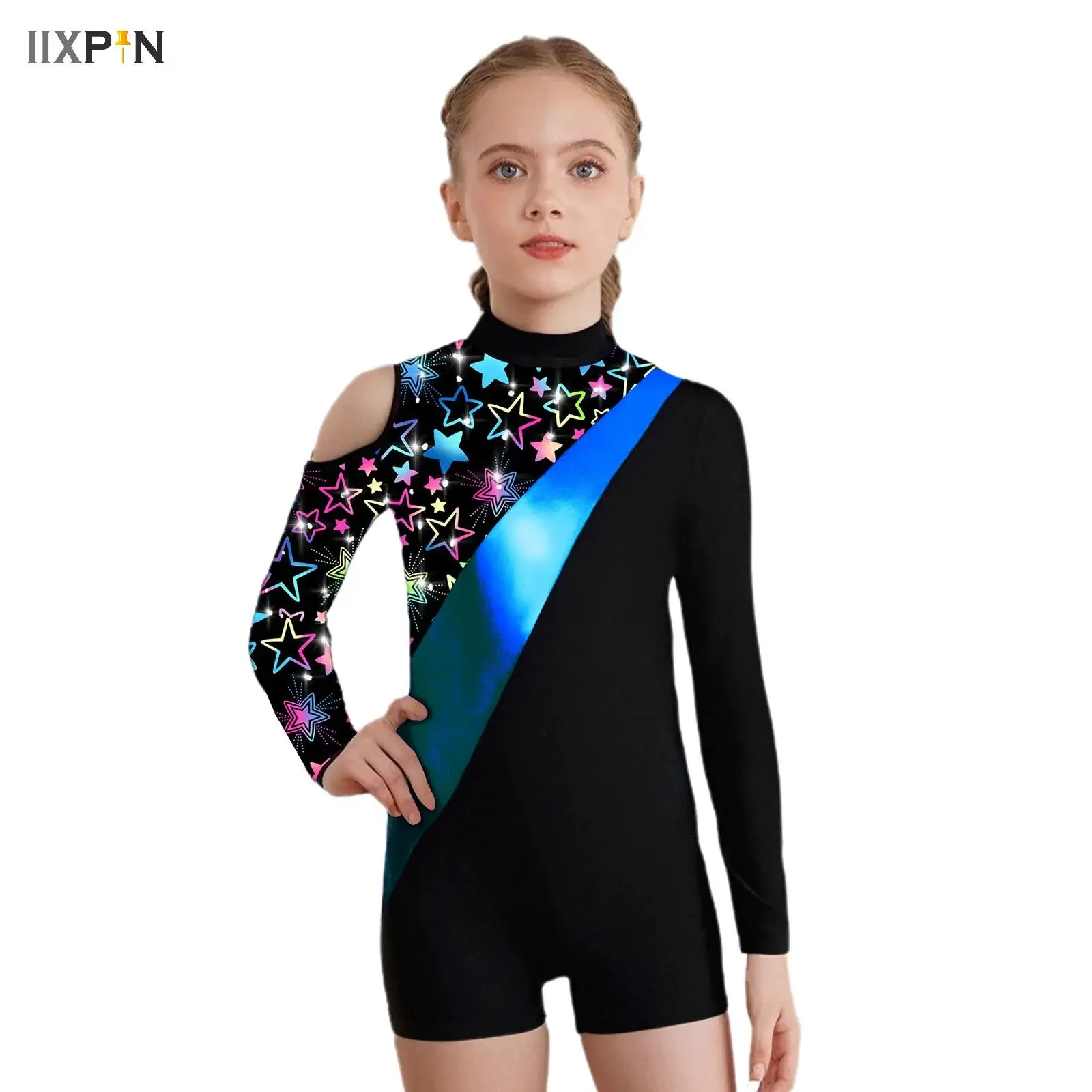 

Kids Girls Rhythmic Gymnastics Leotard Ballet Unitard Rhinestones Print Workout Bodysuit Figure Skating Performance Clothes
