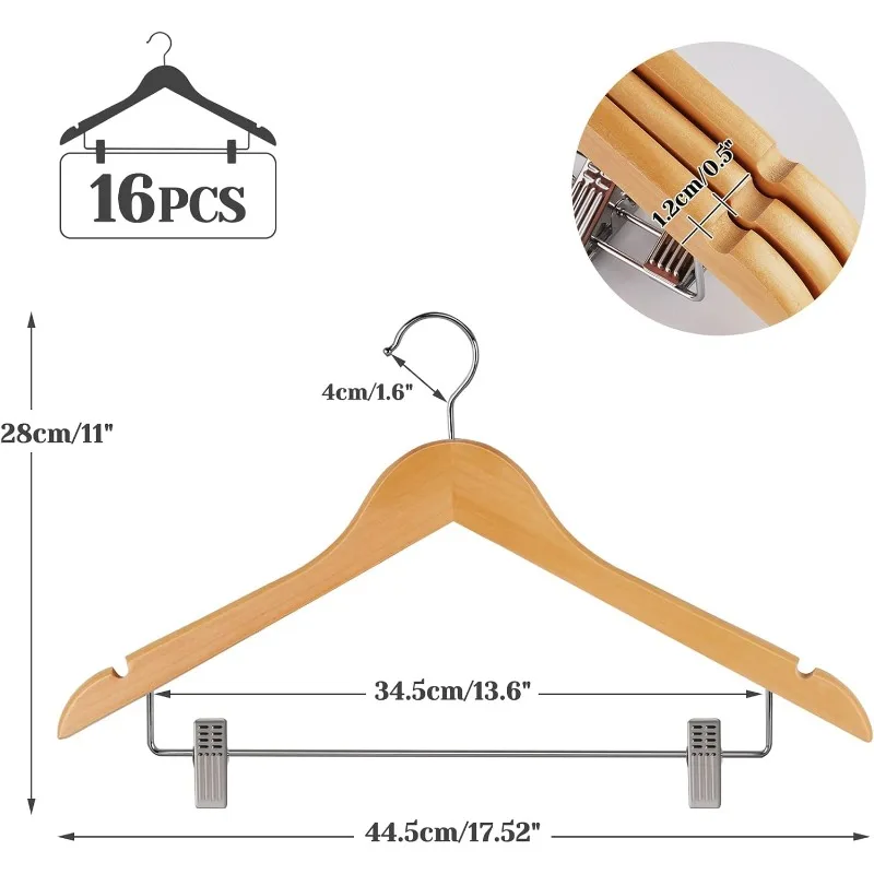 16Pack Wooden Hangers Skirt Hangers with Clips, Solid Wood Pants Hangers Natural Smooth Finish High-Grade Selected Wood