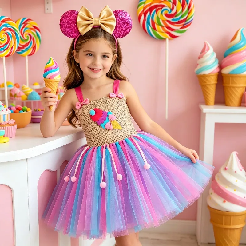 Halloween Sweet Ice Cream Cone Tutu Dress for Girls Kids Candy Ballet Princess Outfit Birthday Party Wear With Hair Accessory