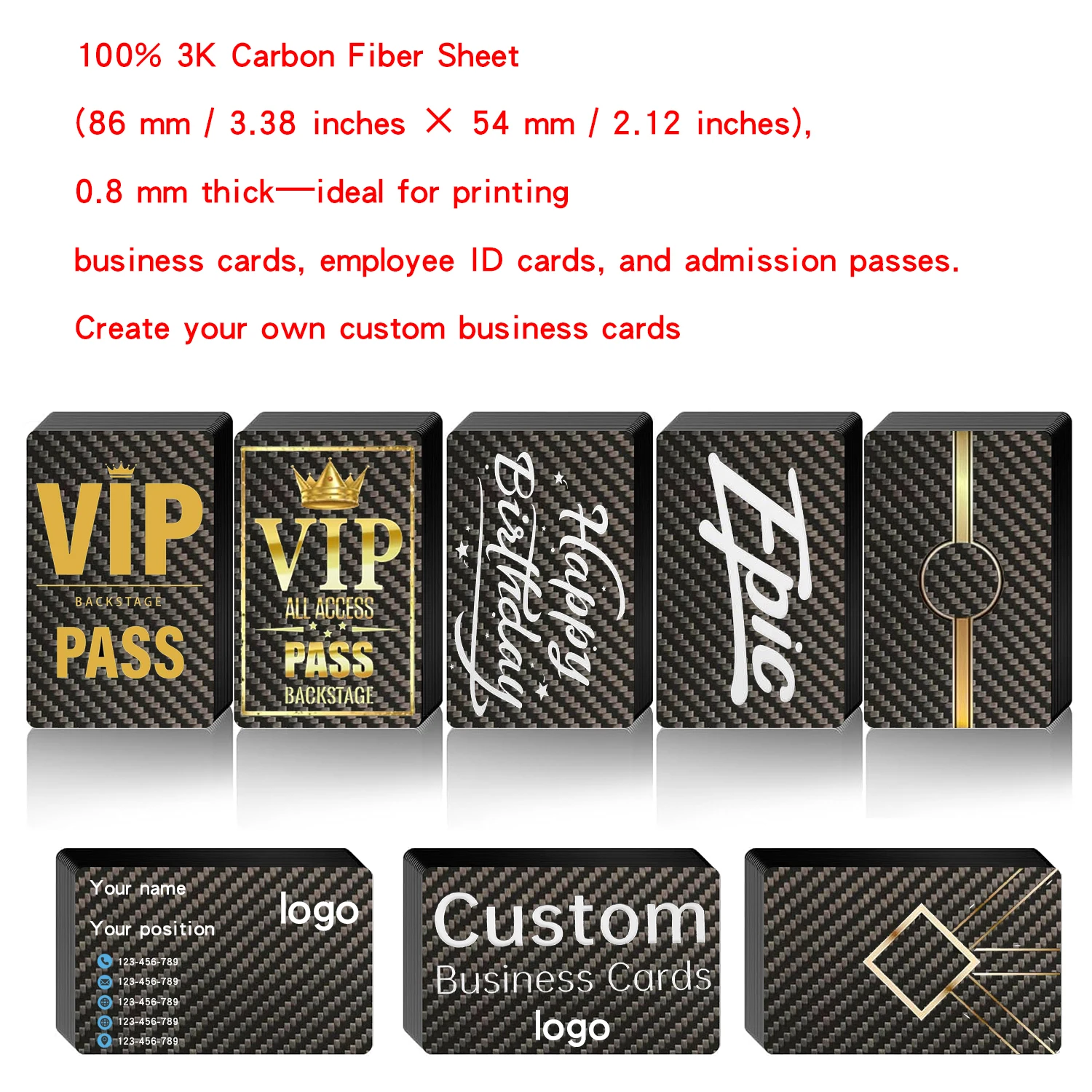 10 Pcs Carbon Fiber Cards Blank, 0.8mm Thick 3.38x2.12 Inch 100% 3K Carbon Fiber Printable Name Card for Custom DIY