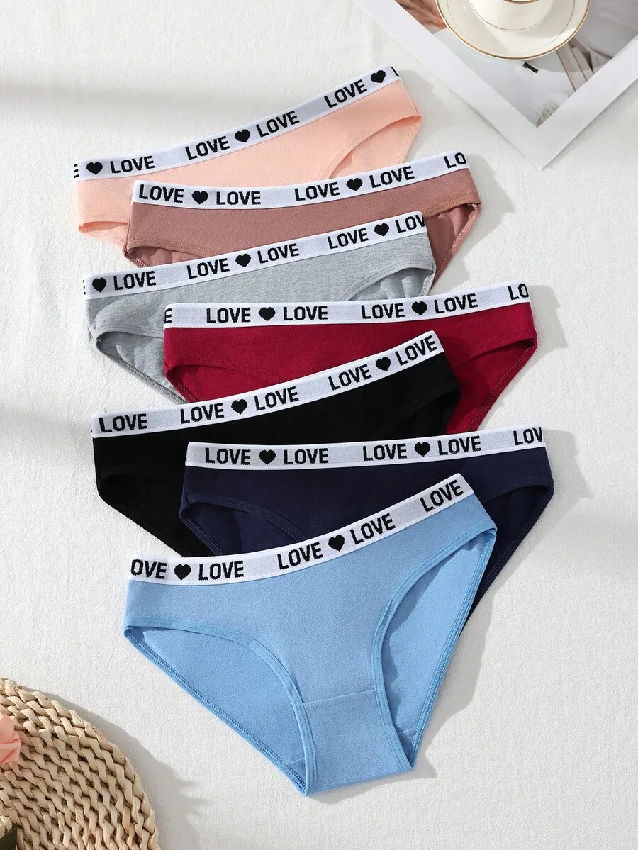 

7 Pack Cotton Low Waist Womens Panties With Love Print Band