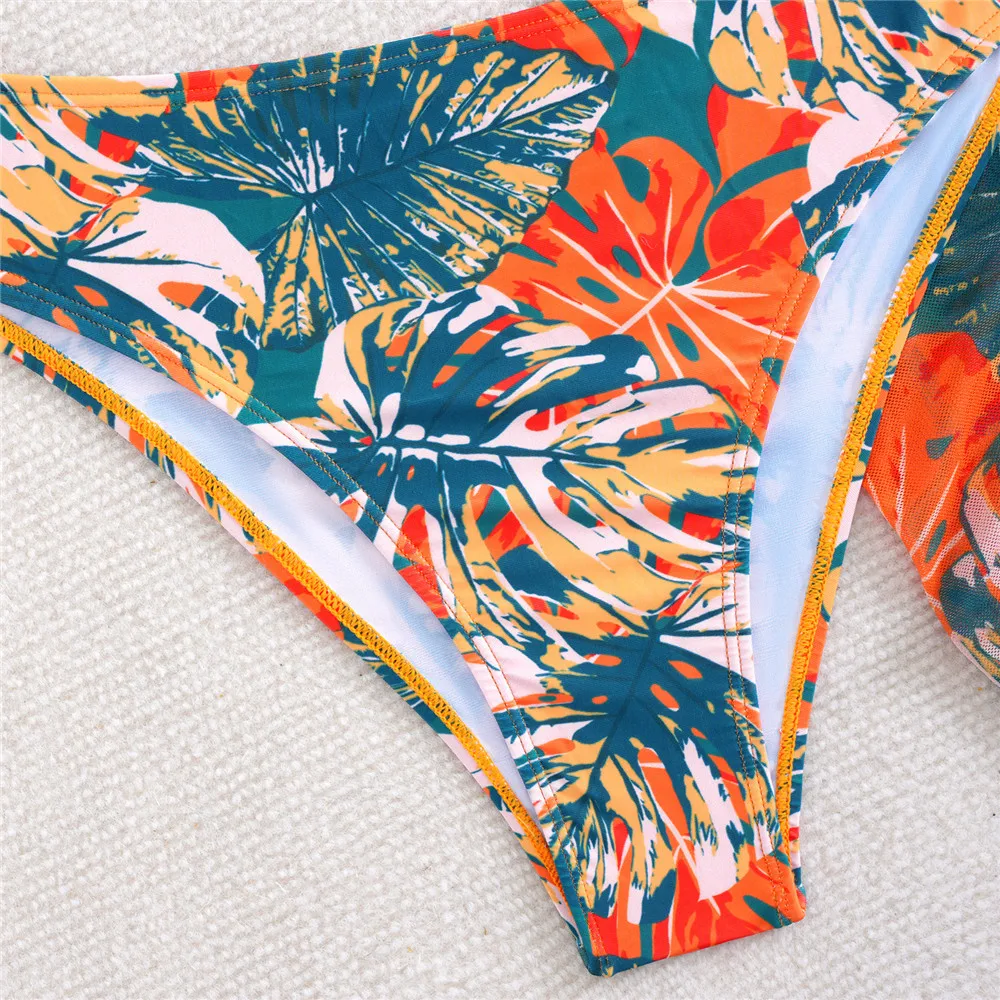 リーフプリント フリル付き ホルターネック 水着 3点セット ビキニ メッシュカバーアップ セクシー水着 レディース 2026 水着 レースアップビキニ 女性用