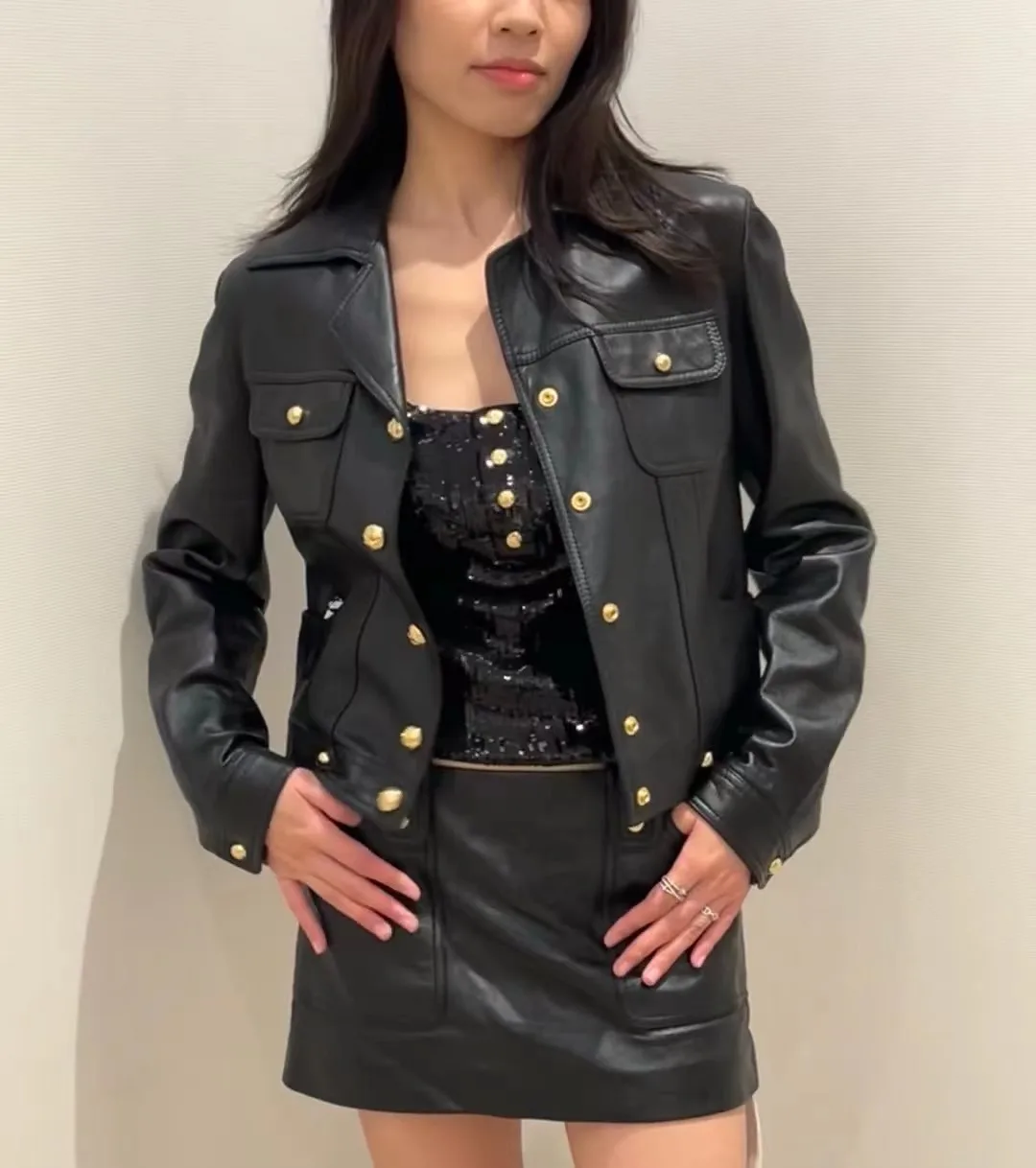 Europe 2023 Autumn Winter Chic Women High Quality Brand New Designer Genuine-leather Biker Jackets Short Coat C482