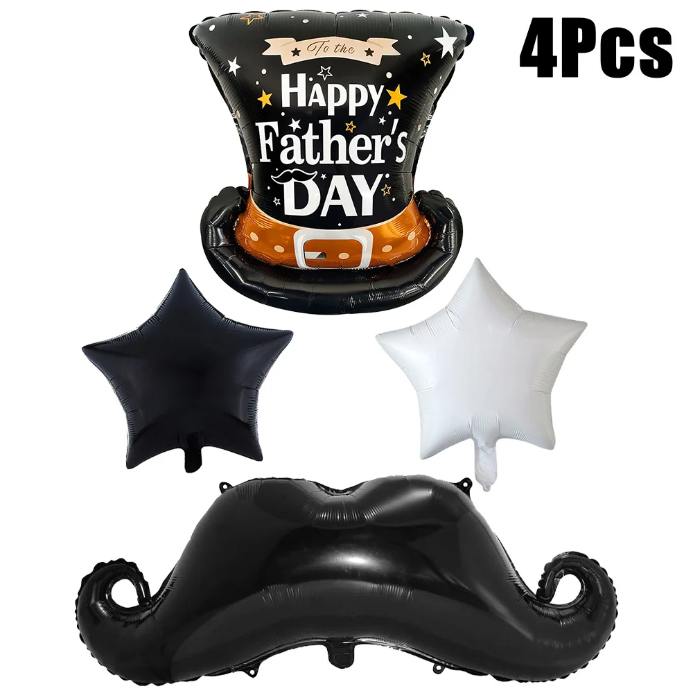 Set de 4 Globos de Mylar para el Día del Padre, Globos Grandes de Sombrero de Caballero y Bigote, Globos de Estrella de 18 Pulgadas, Decoración Elegante para Fiestas