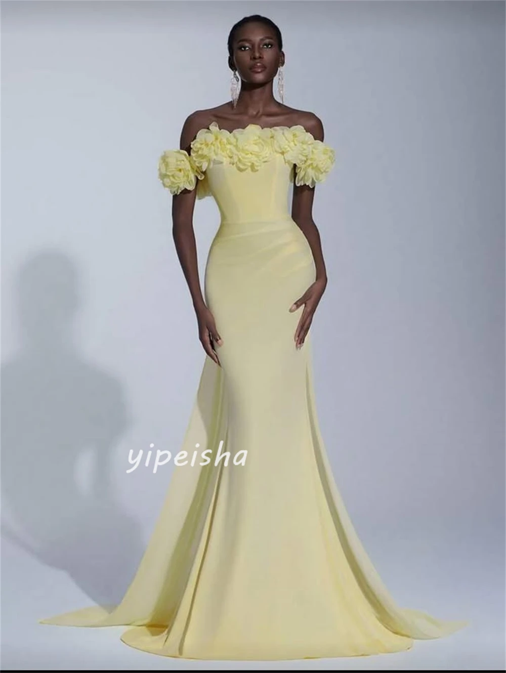 カスタマイズされた高品質のエレガントな手作りフラワープリーツマーメイドオフショルダーロングドレスオーダーメイドオケージョンドレスマッチング