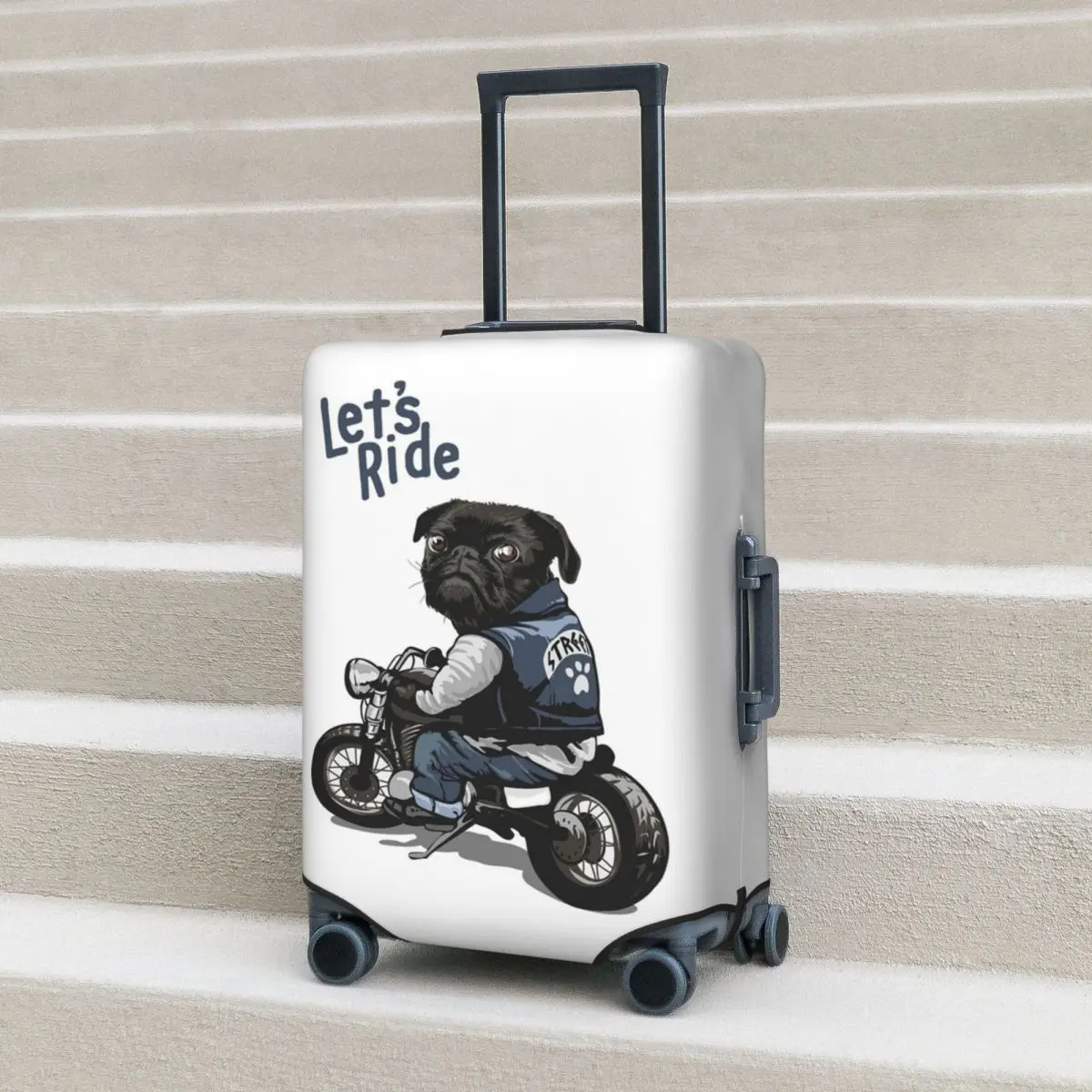 Let's Ride Motorcycle Big Bike Black Pug Dog Suitcase Cover Protection Elastic Travel Luggage Protector Covers for 18-32 Inch