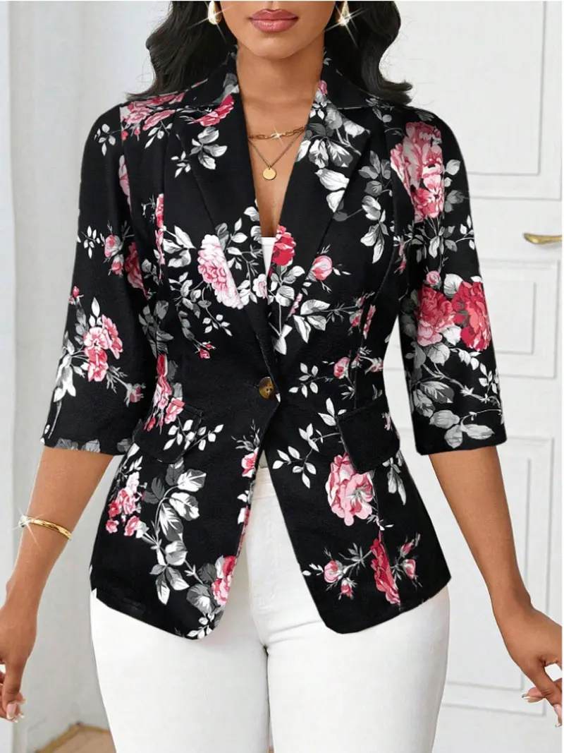 Autumn Blazer 2025 7/10 Sleeves Printed Suit Jacket Small Outerwear Polyester Fiber Regular Sleeve Length Full Button Decoration