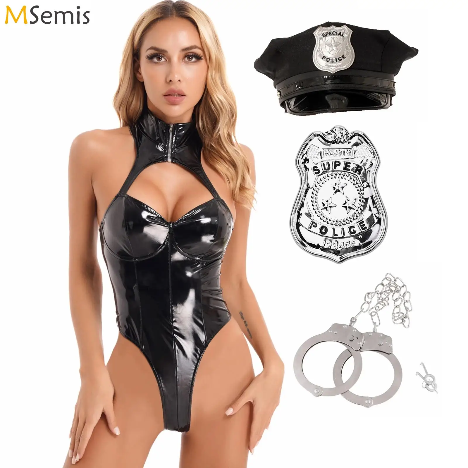 

Womens Policewoman Costume Mock Neck Sleeveless Bodysuit Wet Look Cutout Leotards Police Hat Cuffs Badge for Halloween Dress Up