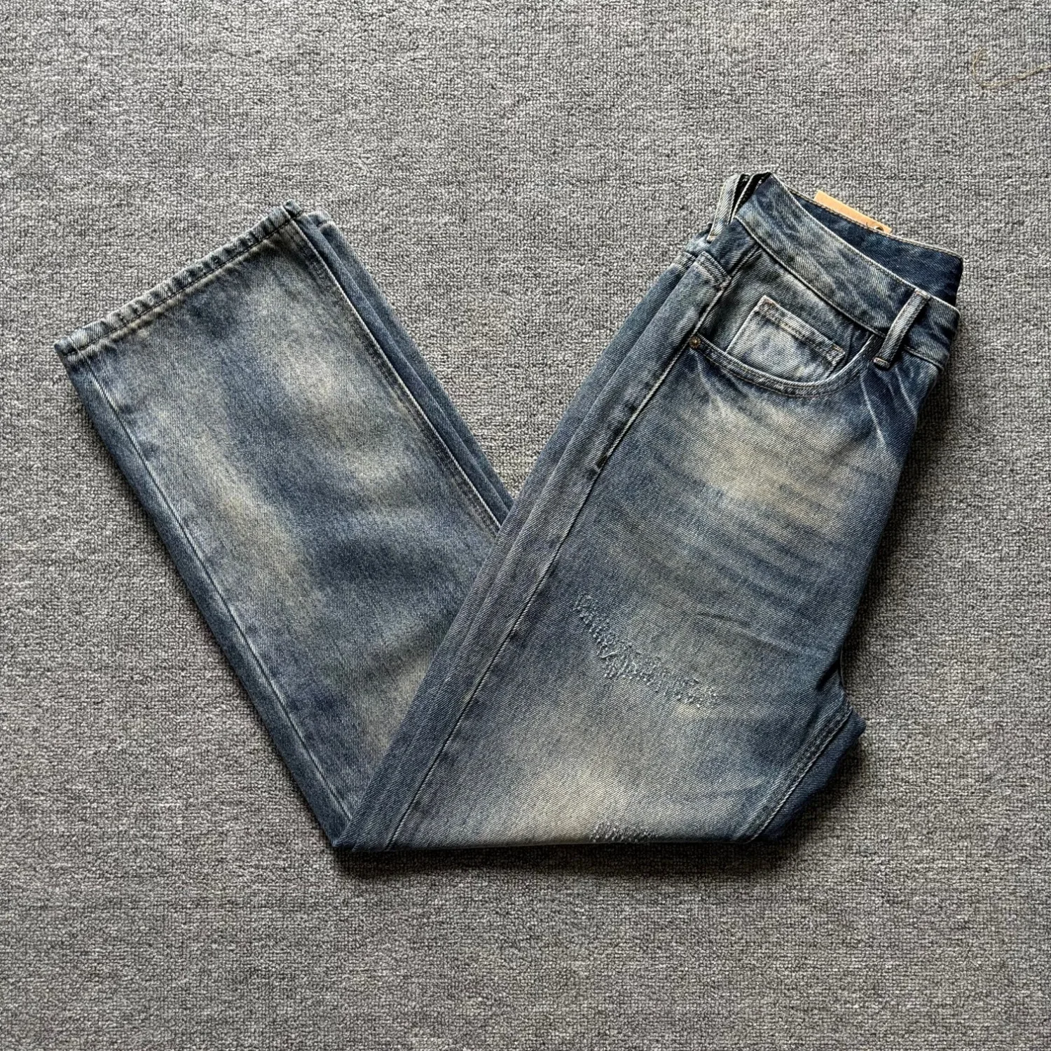 Men's washed distressed wide-leg jeans retro blue loose straight fit casual denim trousers