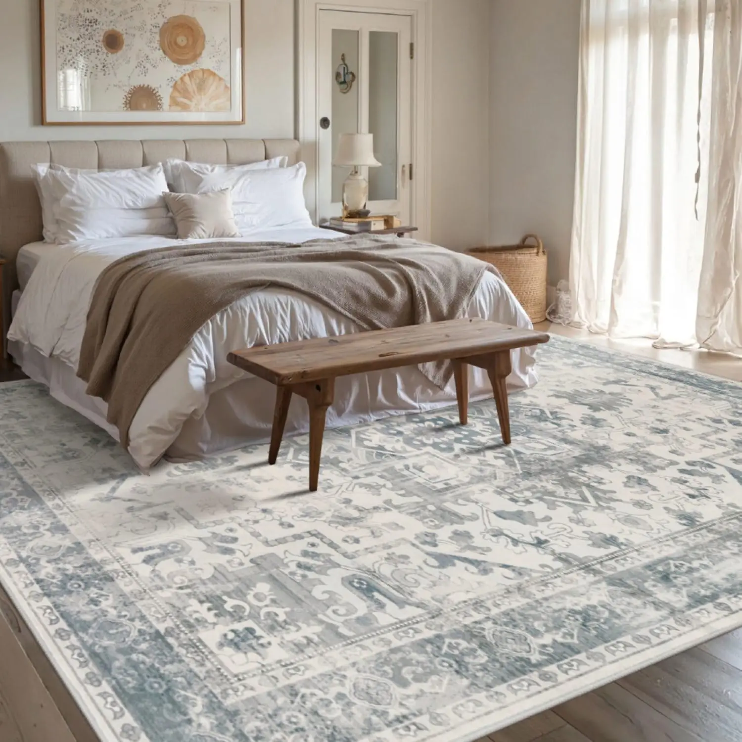 8x10 Washable Vintage Boho Rug, Non-Slip Low Pile for Living Room, Office, Kids Room in Light Blue Grey view 4