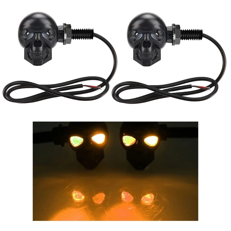 Wiring Motorcycle Skull Light Pair, 12V LED Screw Mount Lamp Set for Custom Bike Lighting Road Use H8WE