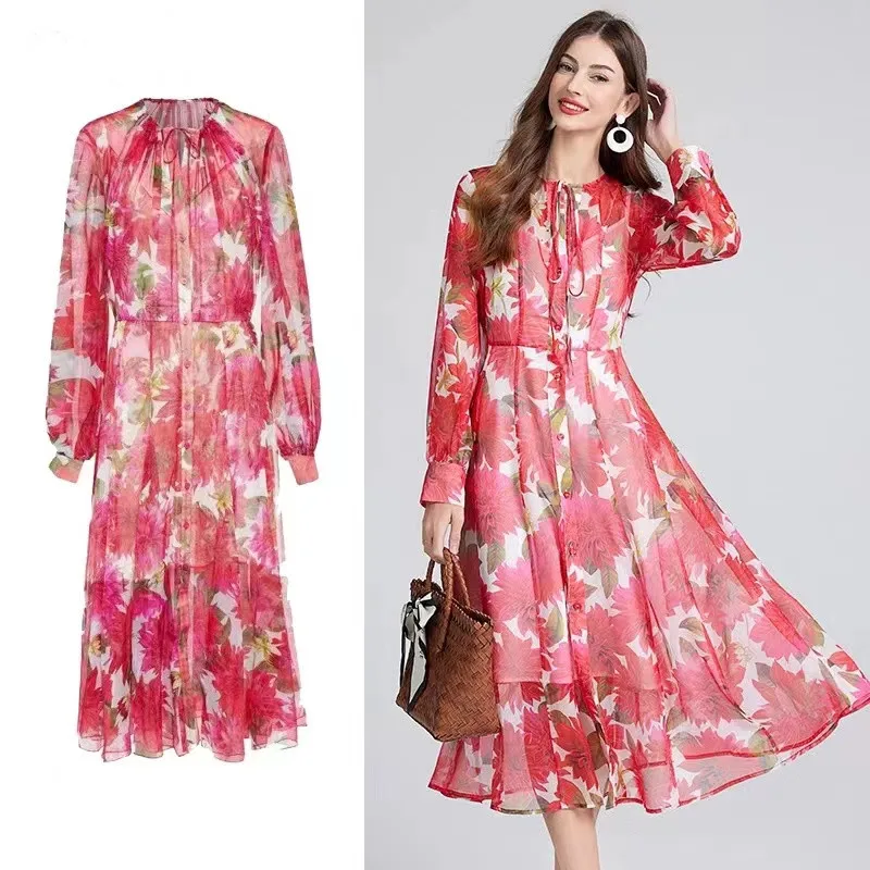 

2024 New Runway Summer Autumn Gorgeous Flower Chiffon Dress Elegant Women Single Breasted Long Sleeve Print Holiday Midi Clothes